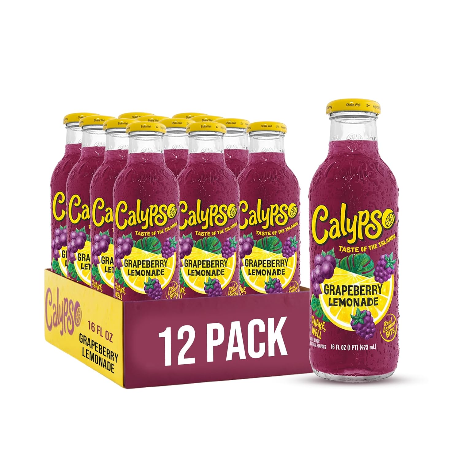 Calypso Lemonade, Grapeberry, Made with Real Fruit, 16 Fl Oz Glass Bottles (Pack of 12)