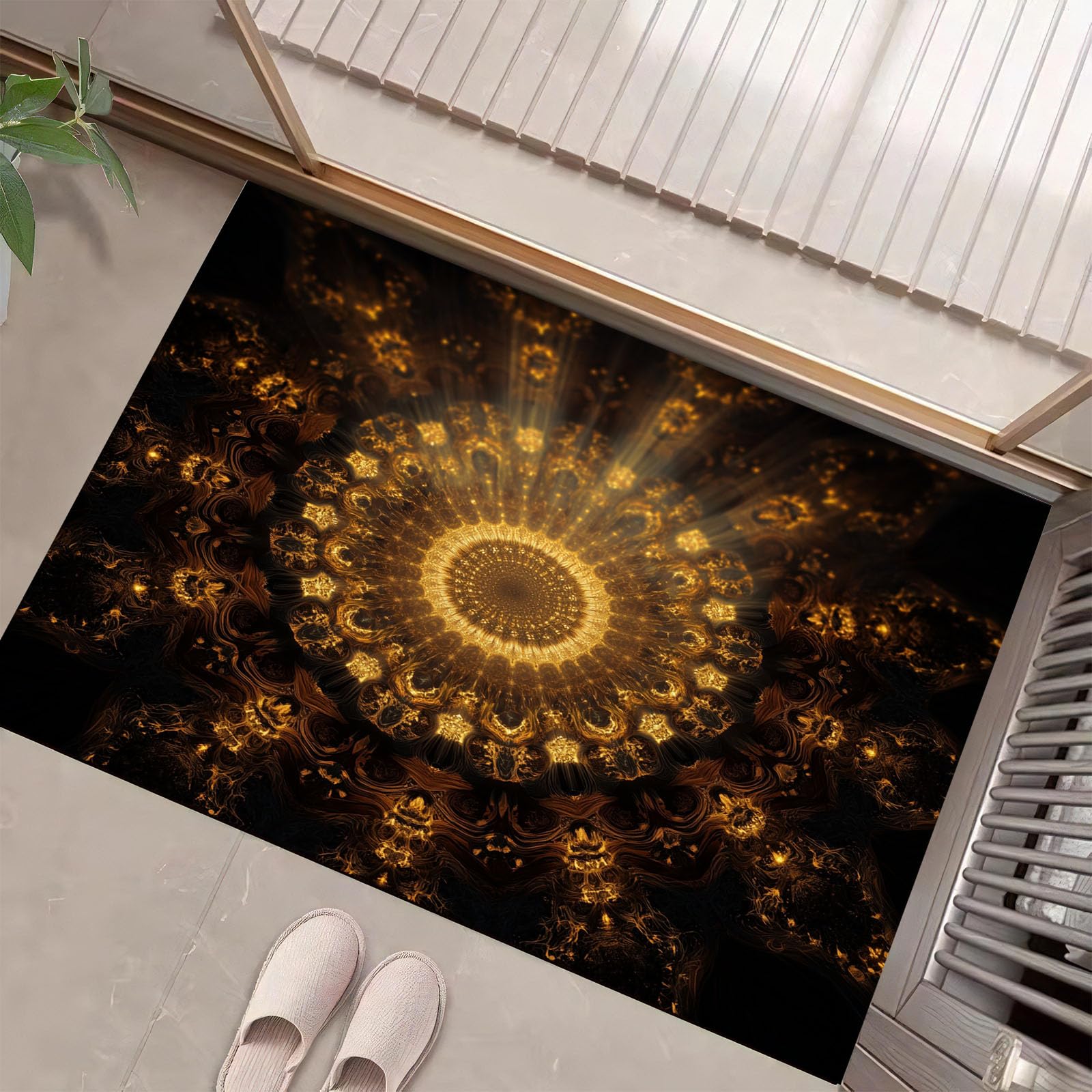 Tapis de décoration bronze effet 3D brillant au design mandala raffiné et poil ras soigné