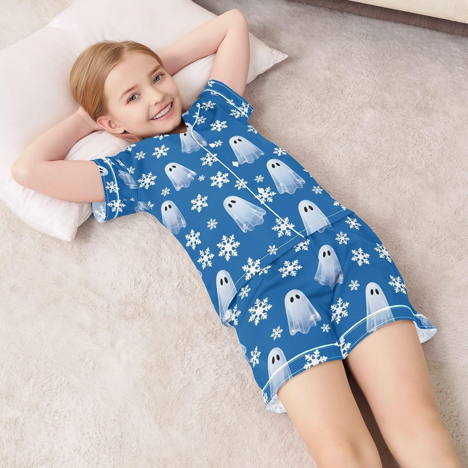 Kids Satin Wear Set Ghost Snowflake Pattern Relaxed Fit Clothing Short Sleeve and Shorts