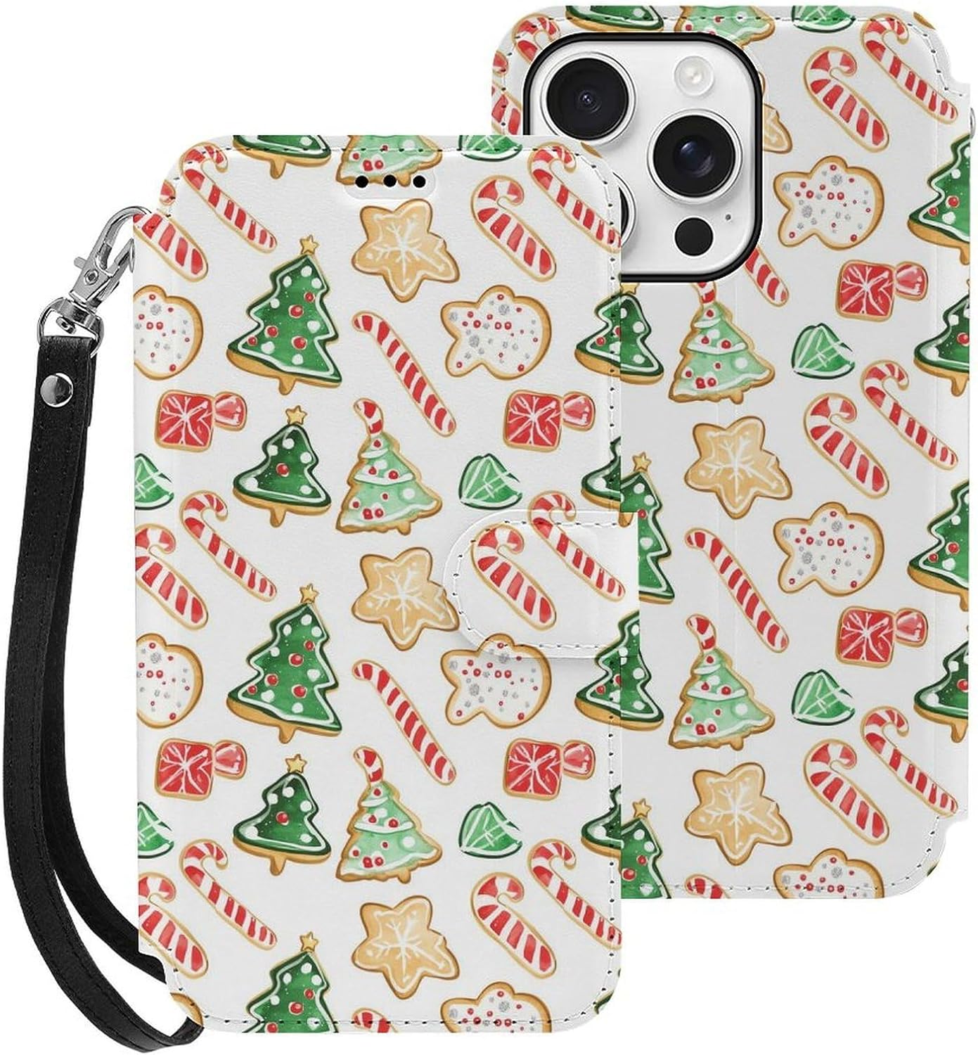 Christmas Tree Candy Cane Star Cookies Compatible with iPhone 16/16 Plus/16 Pro/16 Pro Max/16 E Case Phone Wallet Card Holder Flip Cover with Wrist Strap