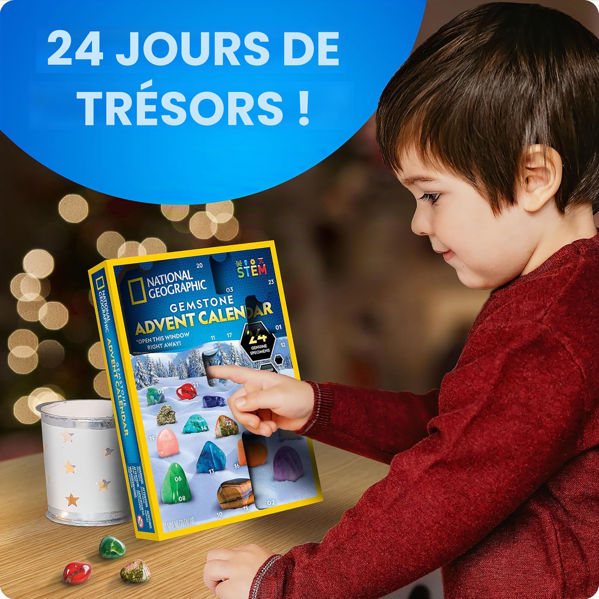 NATIONAL GEOGRAPHIC 2024 Calendrier de l'Avent Gemmes - 24 gemmes à Découvrir Chaque Jour, Collection de Roches pour le Compte à Rebours de Noël avec Kit de Fouille (Langue Anglaise Uniquement)