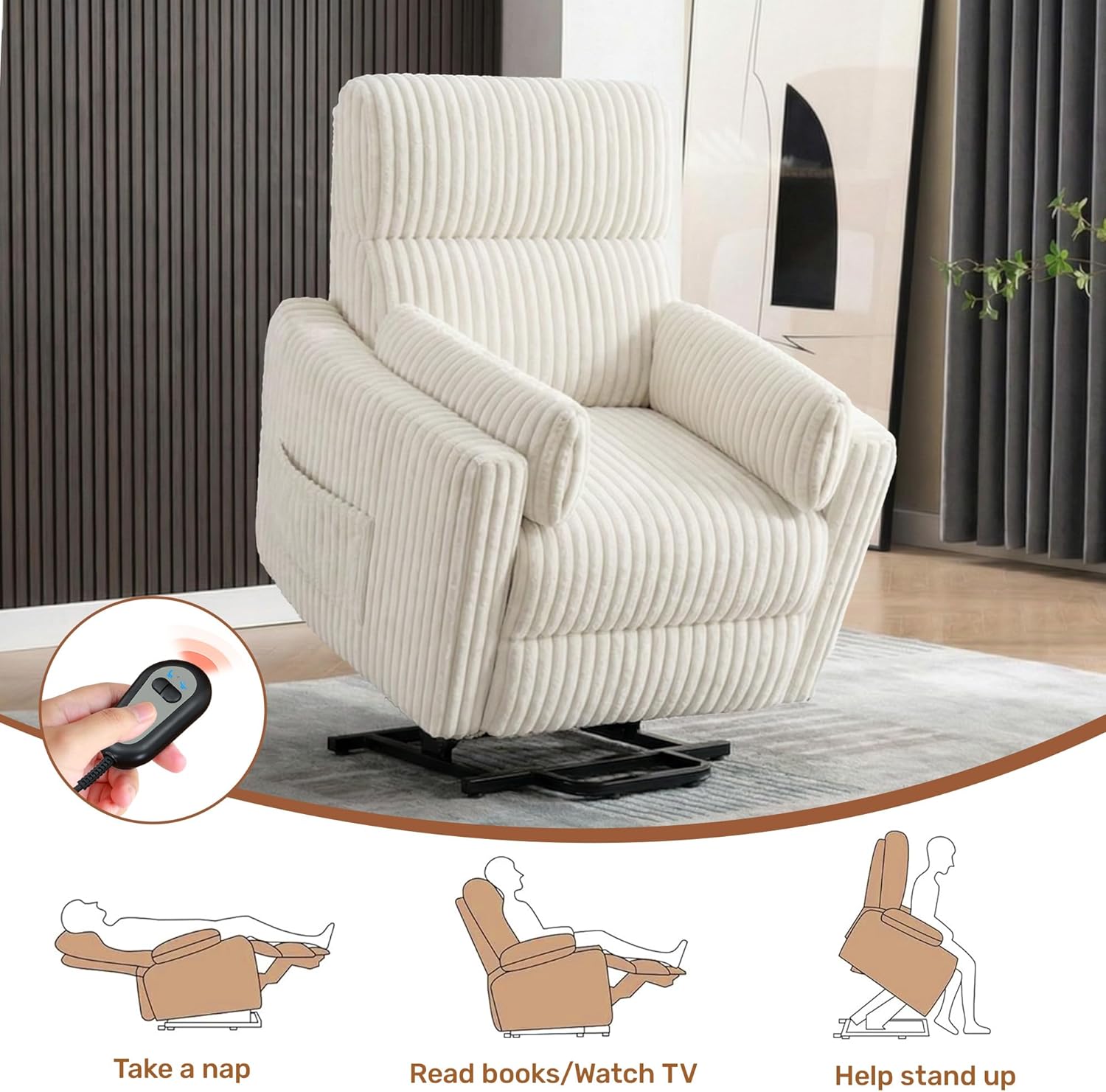 Power Lift Recliner Chair, Round Plush Faux Fur footrest, Modern Electric Lounge Chair, Sturdy for Living Room, Bedroom White