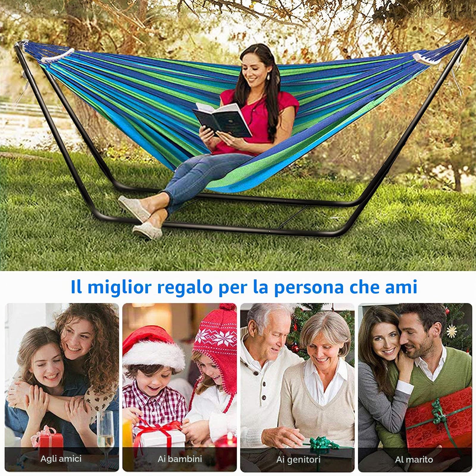 Amaca per 1-2 persone, amaca con telaio per interni ed esterni, 195 * 80 cm, capacità di carico fino a 135 kg Portatile con borsa per il trasporto per balcone, giardino, campeggio