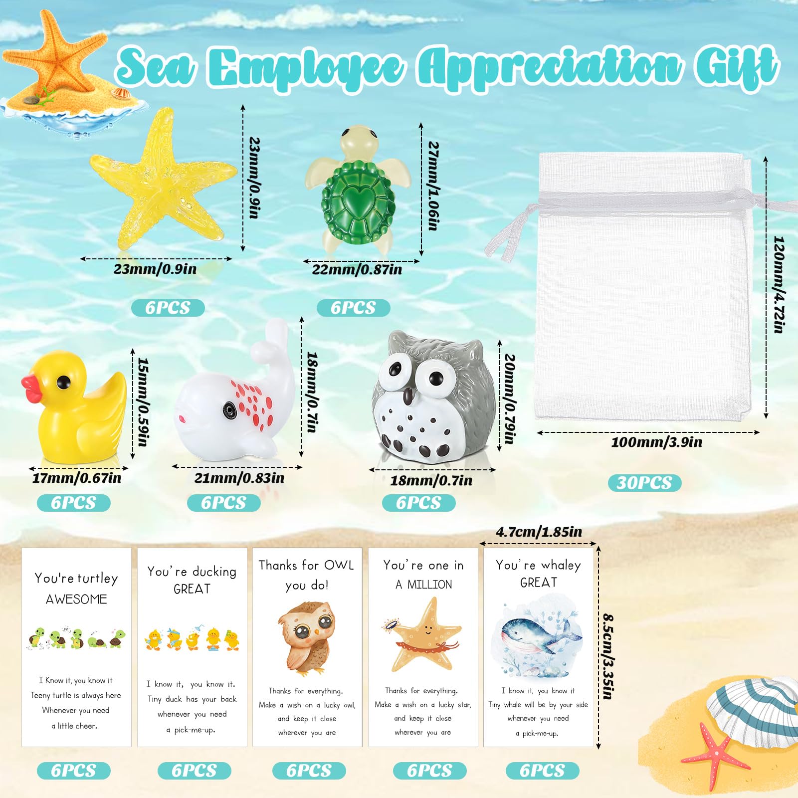 Syhood 30 Sets Thank You Inspirational Gifts Animal Ornaments Bulk Starfish Turtle Duck Whale Owl Thank You Card Organza Bags Employee Appreciation Gift for Christmas Teacher Graduation Staff Coworker - Image 3