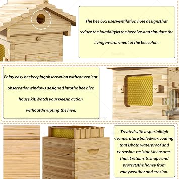 Complete Self-Flowing Beehive Kit, Sturdy Natural Wood Bee Hive with Observation Window, for New Beekeepers to Support Pollination & Easy Honey Harvest
