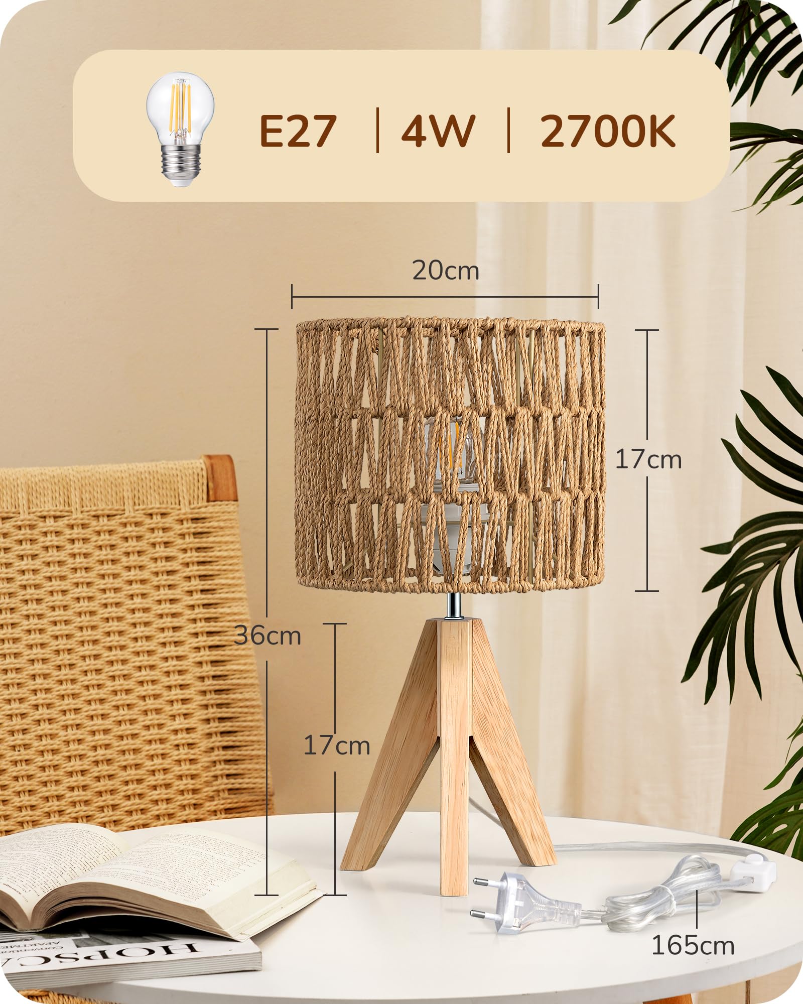 EDISHINE Lámpara de Mesita de Noche, Lámpara de Mesa con Pantalla de Lino Blanco y Base de Madera Natural, Casquillo E27, Bombilla LED de 2700K Incluida, para Sala de Estar, Dormitorio y Oficina