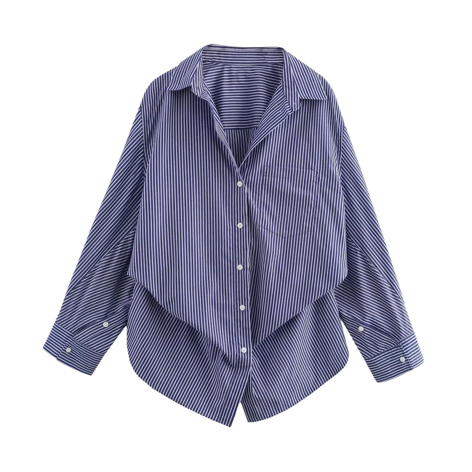Blusa holgada casual a rayas para mujer, con solapa, manga murciélago, para negocios, trabajo, blusas