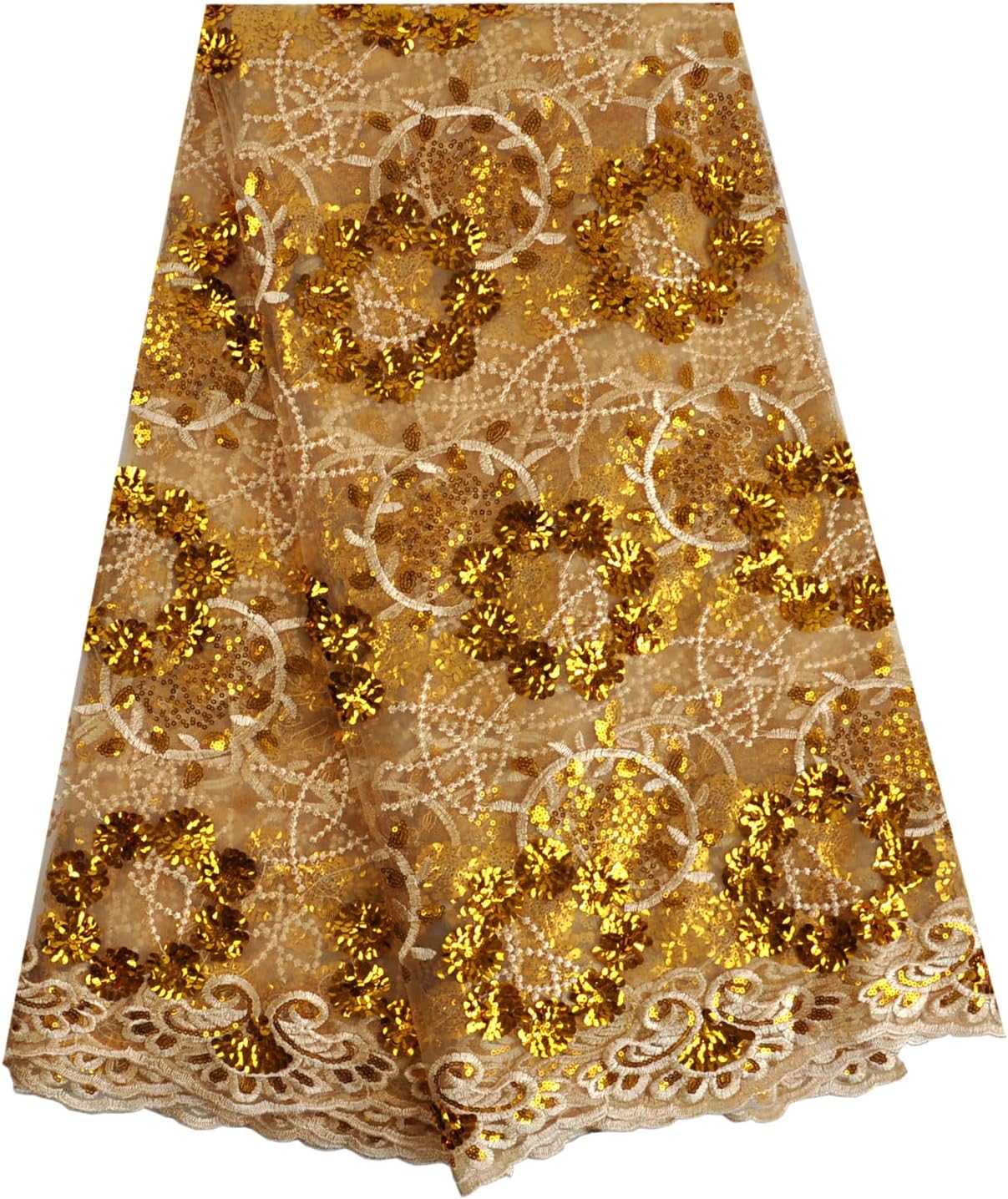 SanVera17 African Fabric Garland Sequins Net Fabrics Nigerian Embroidered Lace Fabric for Party Dress (White) 5 Yards