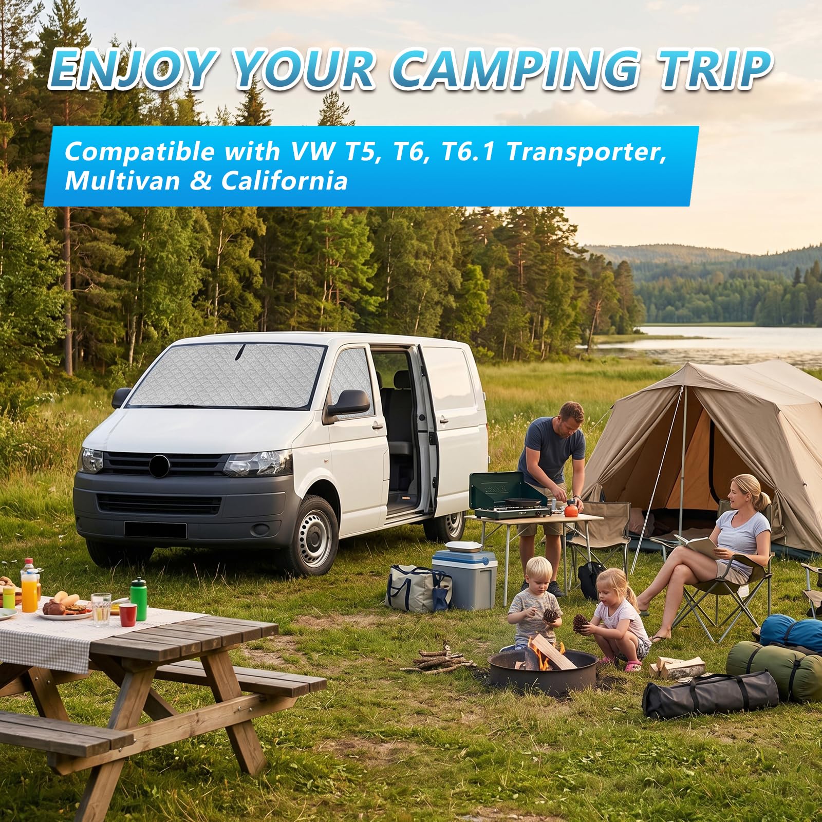 3er Set Auto Sonnenschutz Innen für VW T5 T6 T6.1 Transporter, Multivan & California | Sonnenschutz Frontscheibe innen faltbar & magnetische Seitenscheiben | Thermomatte Verdunkelung & Hitzeschutz
