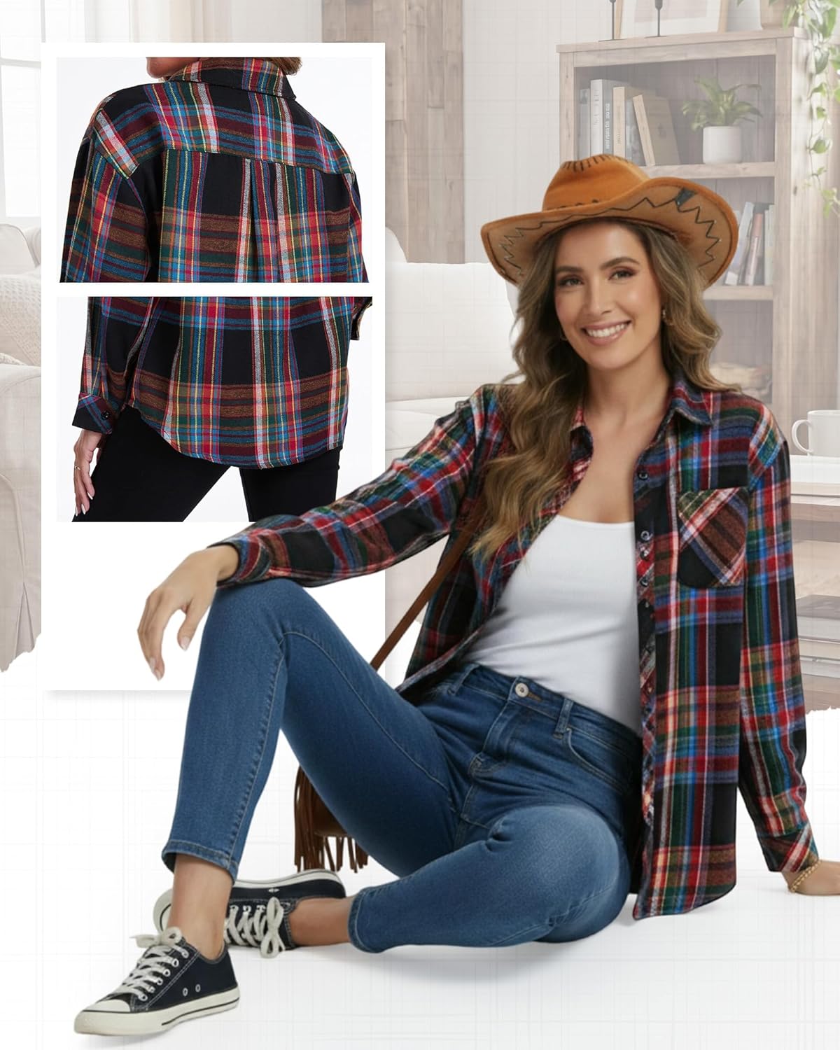 Womens Plaid Button Down Shirts Oversized Long Sleeve Flannel Shirt Business Casual Blouse Tops - Image 7