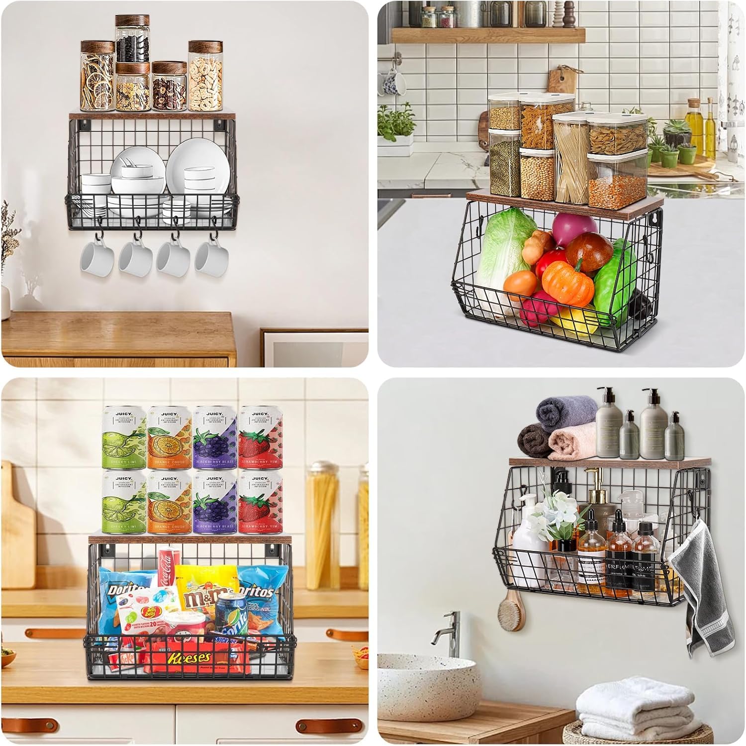 Tapvai Sprifityy Portafrutta Cesto Frutta da Tavolo,con Coperchio in Legno,Impilabile e Montabile a Parete Cestino Frutta,Frutta e Verdura Organizer da bagno in filo metallico