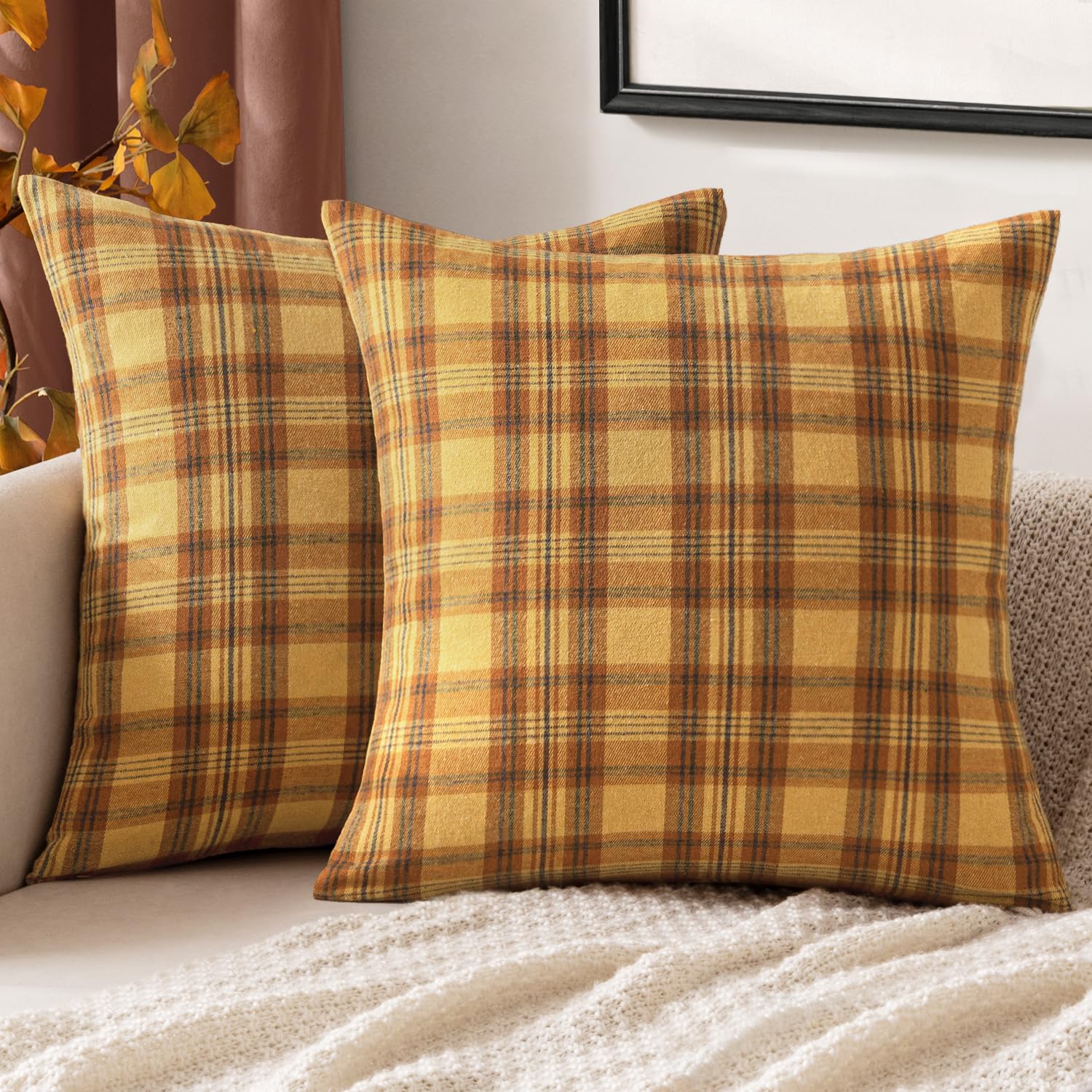 MIULEE Fall Plaid Pillow Covers Scottish Tartan 18x18 Yellow | Set of 2 Fall Decorations Cushion Covers, Farmhouse Winter Home Decor, for Thanksgiving Sofa Couch Bed Living Room
