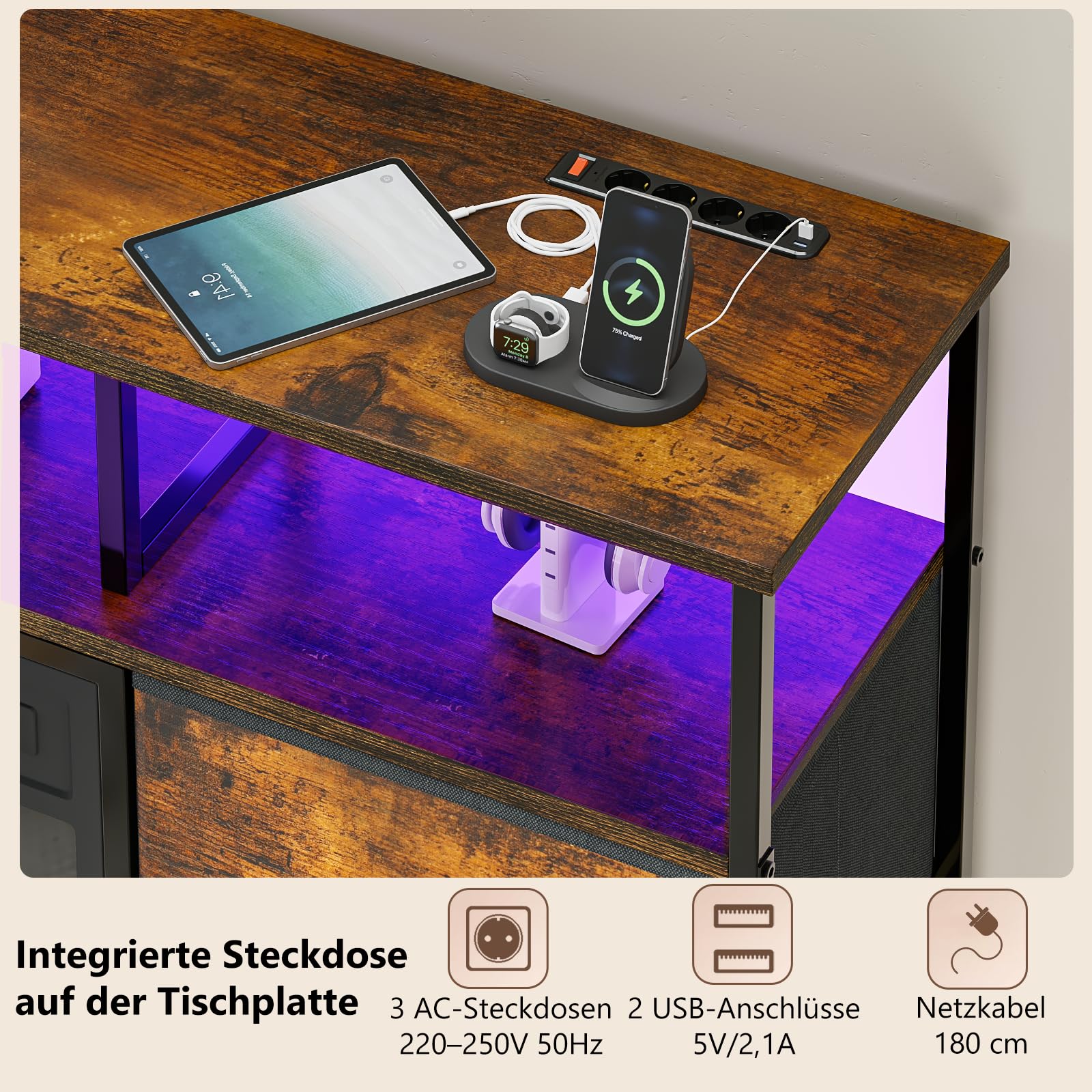 Waleaf TV Schrank, TV Lowboard mit 18 Zoll Elektrokamin, 3D Flammeneffekt & Heizung, LED Beleuchtung, 4 Stoffschubladen, Steckdosen & USB Buchse, Fernsehtisch für Fernseher bis zu 55 Zoll, Wohnzimmer