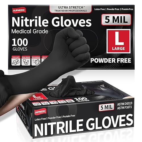 Supmedic Disposable Nitrile Gloves, 5Mil Chemical Resistant Powder-Free Latex-Free Glove Exam Cook Tattoo, Black Blue 100Pcs - (Black) Large