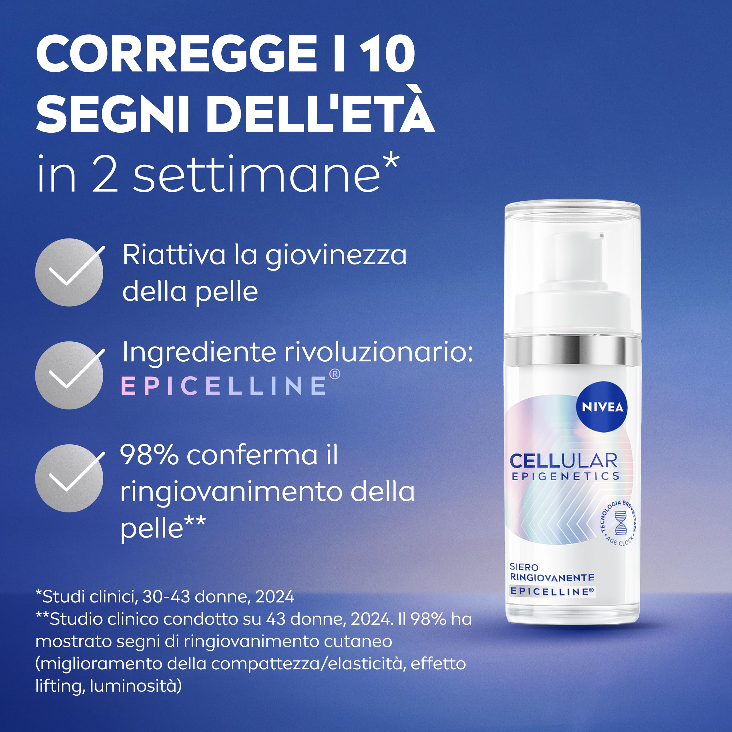 NIVEA Cellular Epigenetics Siero Ringiovanente 30 ml, Siero viso antirughe che riduce i segni dell'età in 2 settimane, Face serum con Acido Ialuronico ed Epicelline, Skincare per tutti i tipi di pelle