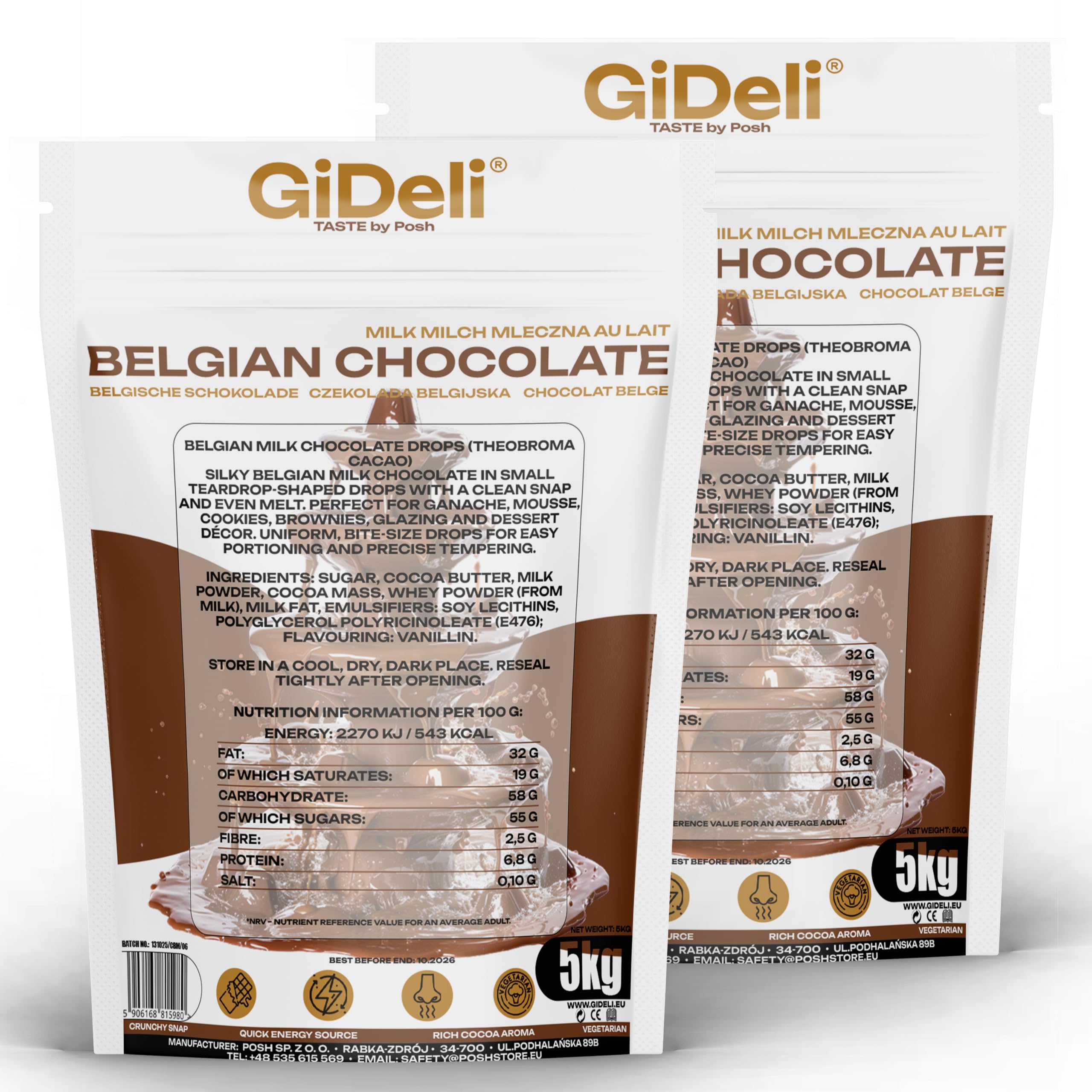 GiDeli Belgische Schokolade 2 x 5kg - Pralinen Chips, Schokodrops - Vollmilch-Kuvertüre - Perfekt für Schokofondue, Backen, schokobrunnen, Desserts & Glasuren