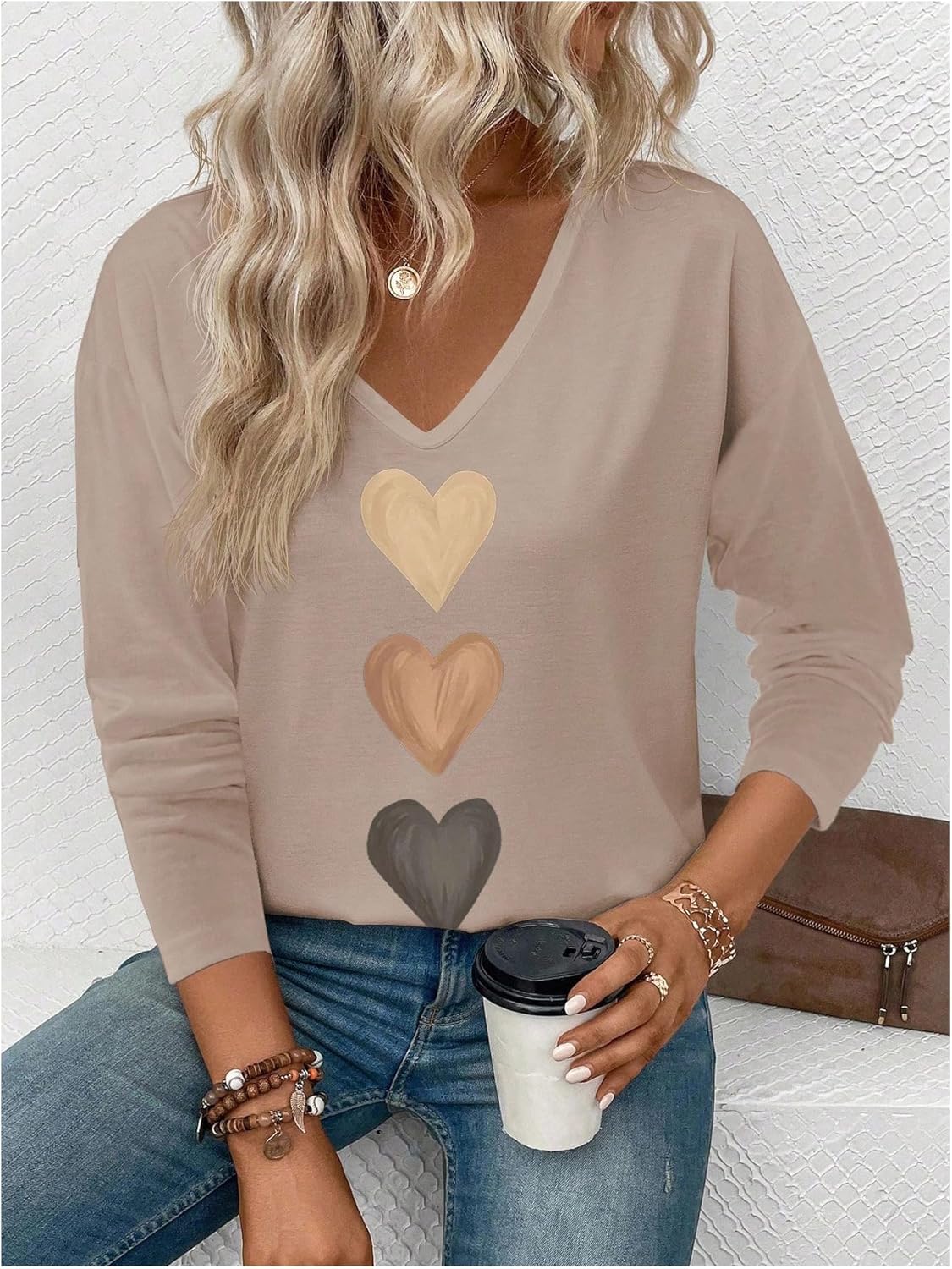 GORGLITTER Women's Heart Shirts V Neck Long Sleeve Funny Holiday Graphic Tee Top Fall Dressy Tshirts - Image 4