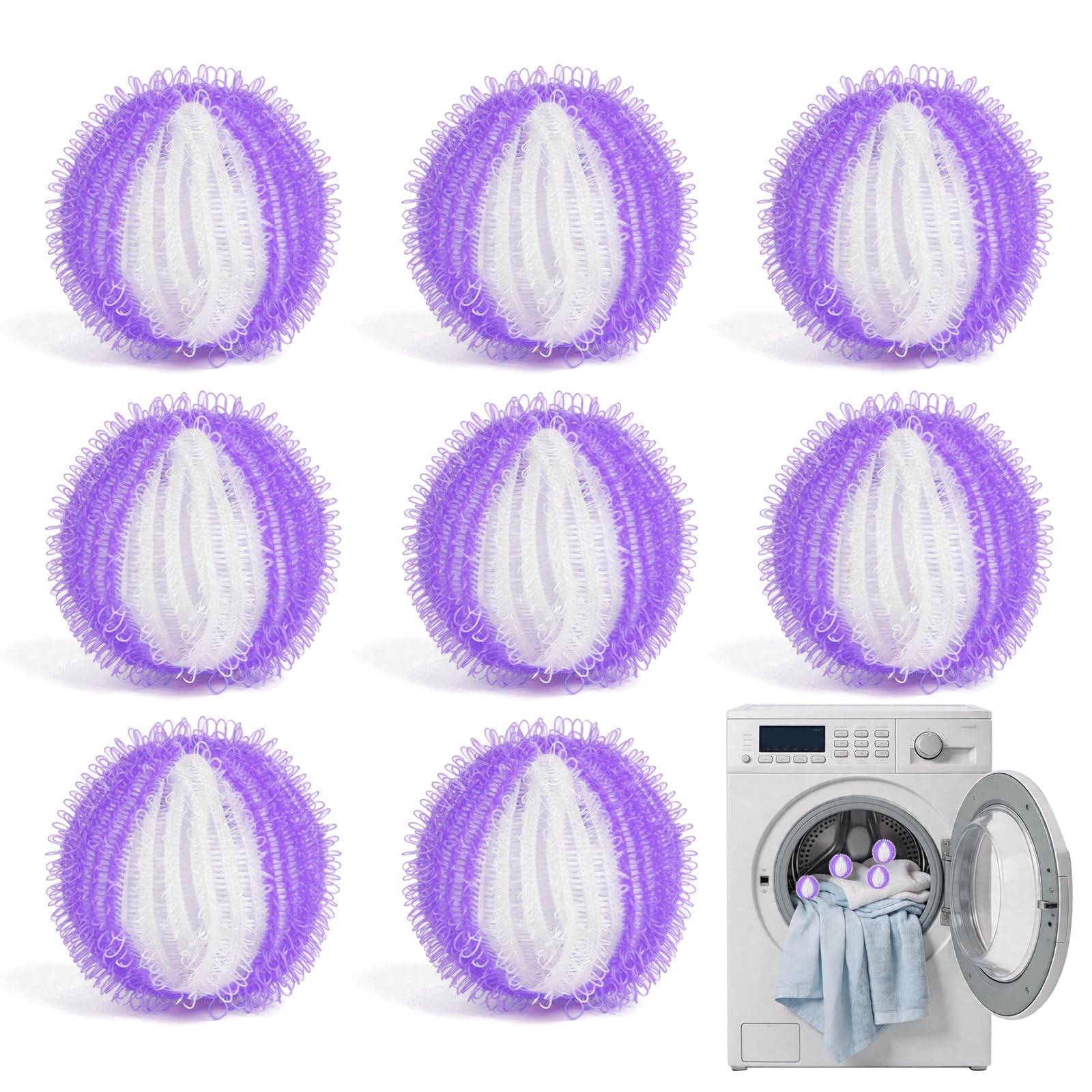 8PCS Pet Hair Remover for Laundry,Laundry Balls,Reusable Lint Catcher Washing Machines Animal Fur Clothes Hamper Hair Remover for Laundry Bedding Clothes(8, Purple and White)
