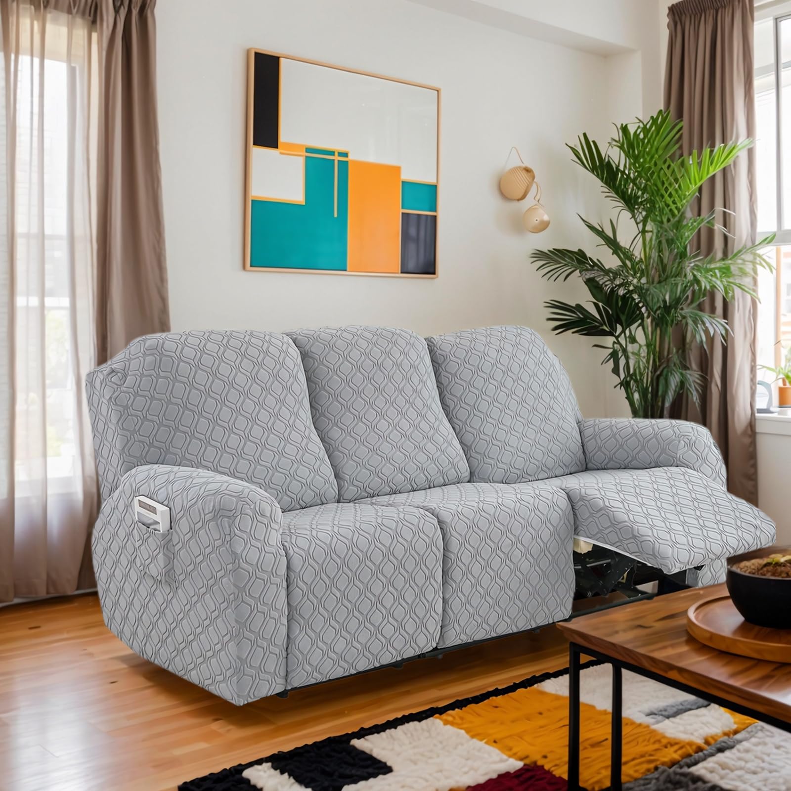 OKUYUK Recliner Chair Cover, 8-Pieces Stretch Recliner Covers for Recliner Chair Soft Reclining Chair Slipcover Furniture Protector for Dogs Cats (Light Gray, 3 Seater) โ image 1