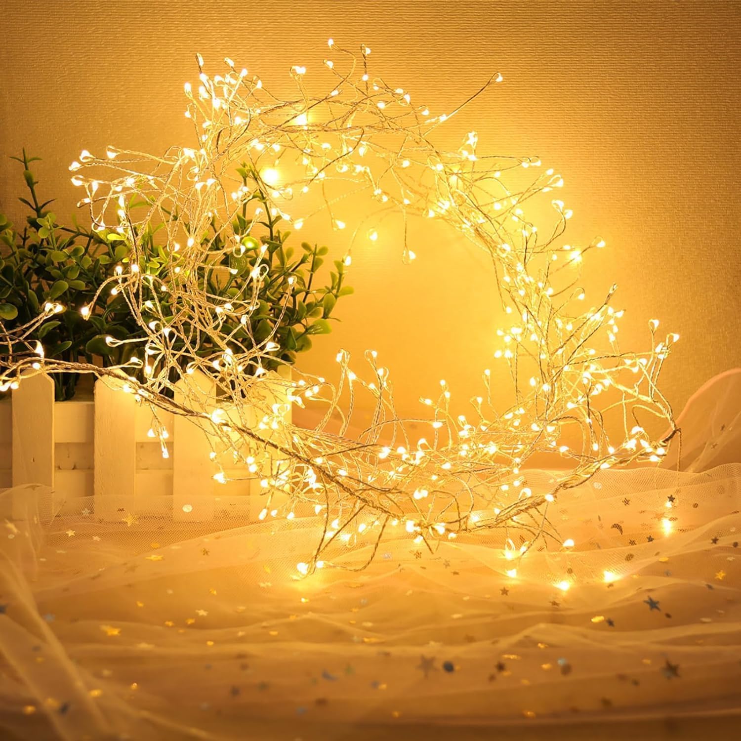 Luces de red para exteriores, Luces de hadas alambre cobre Firecrackers 9 m, 300 LED, multicolor, operadas por USB, 8 modos(Warm White)
