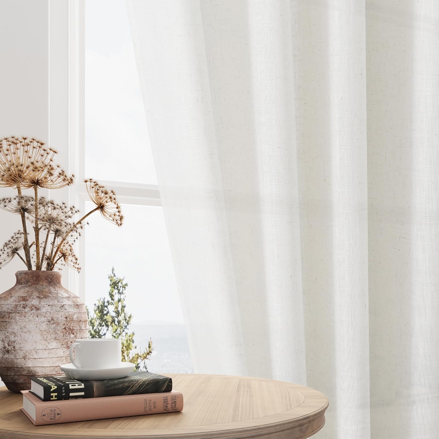 Extra Long 216 inch Linen Curtains for Ceiling to Floor Living Room Back Tab Semi Sheer Modern Neutral 2 Story High Ceiling Large Window Curtain for Bedroom Loft Hall 18 FT 1 Panel Beige White