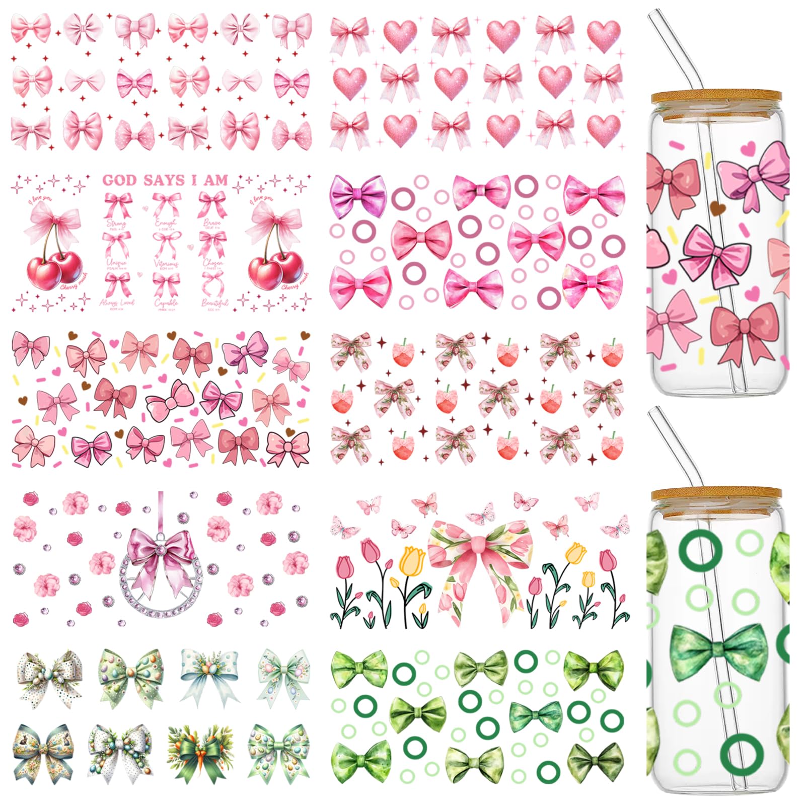 UV DTF Cup Wraps for 16 oz Glass Cups, 10 Sheets Cute Bow Uvdtf Cup Decals Bulk, Cold Transfer Stickers, Rub on Transfers for Crafts, Tumblers, Libbey