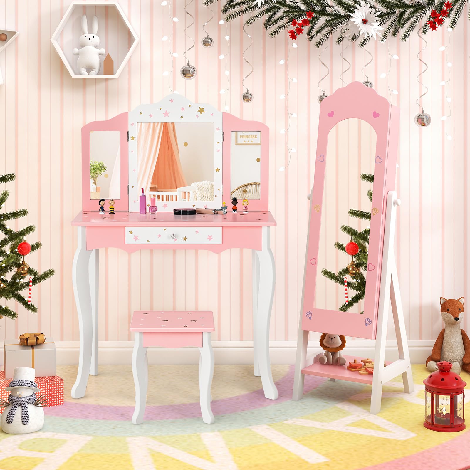 HONEY JOY Kids Jewelry Armoire Cabinet, Wooden Free Standing Jewelry Organizer w/Full-length Mirror and Storage Drawers, Storage Shelves, Children Dress Up Jewelry Cabinet for Little Girls (Pink)