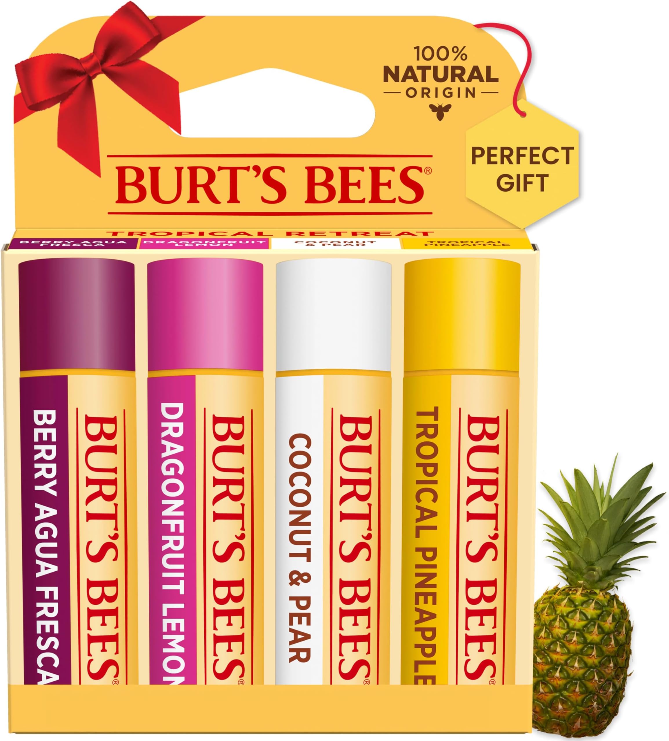 Lip Balm - Berry Agua Fresca, Dragonfruit Lemon, Coconut & Pear, Tropical Pineapple Pack, With Beeswax, Tint-Free, Natural Origin Lip Treatment, 4 Tubes, 0.15 oz.