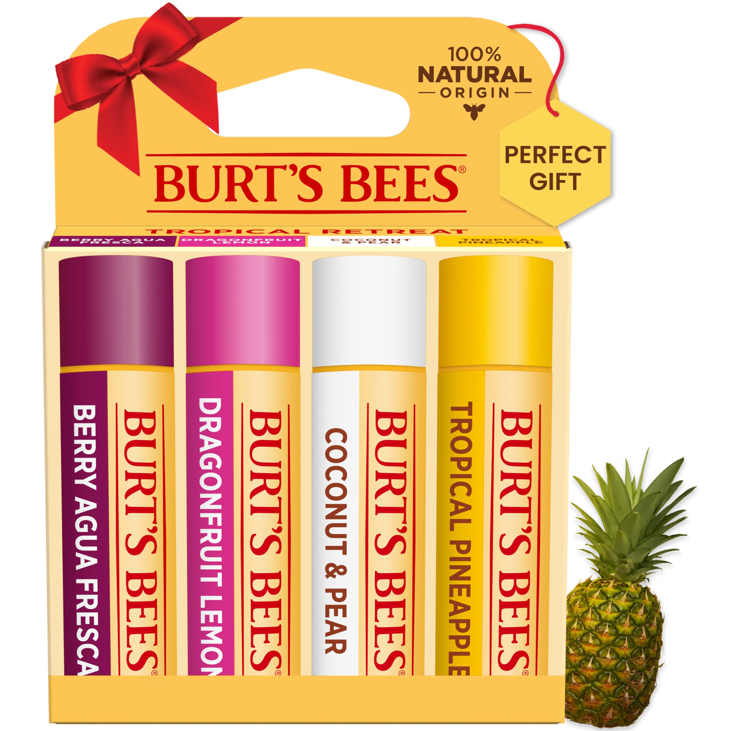 Lip Balm - Berry Agua Fresca, Dragonfruit Lemon, Coconut & Pear, Tropical Pineapple Pack, With Beeswax, Tint-Free, Natural Origin Lip Treatment, 4 Tubes, 0.15 oz.