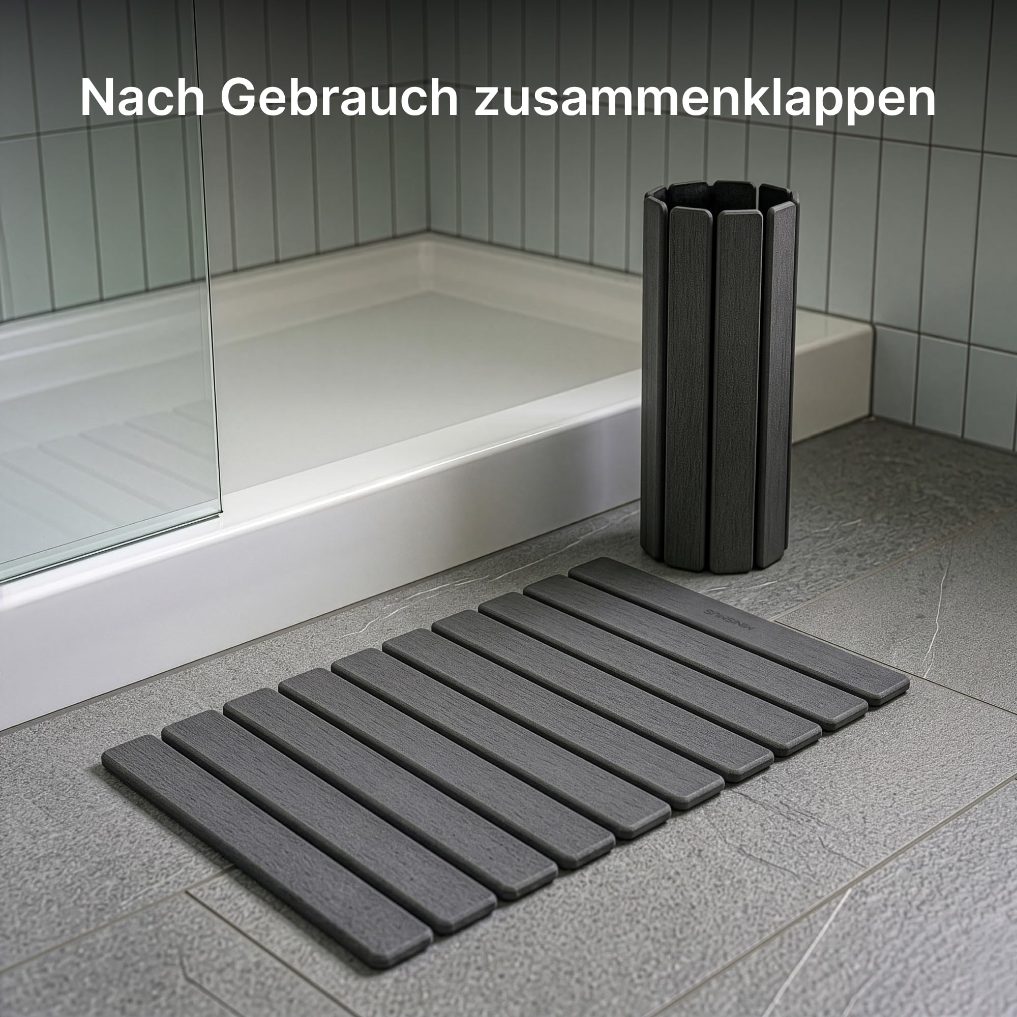 Minismus Aufrollbare Steinmatte 60 × 40 cm aus Diatomit – Schnelltrocknender Duschvorleger fürs Badezimmer – Kieselgur Stein, Dunkelgrau