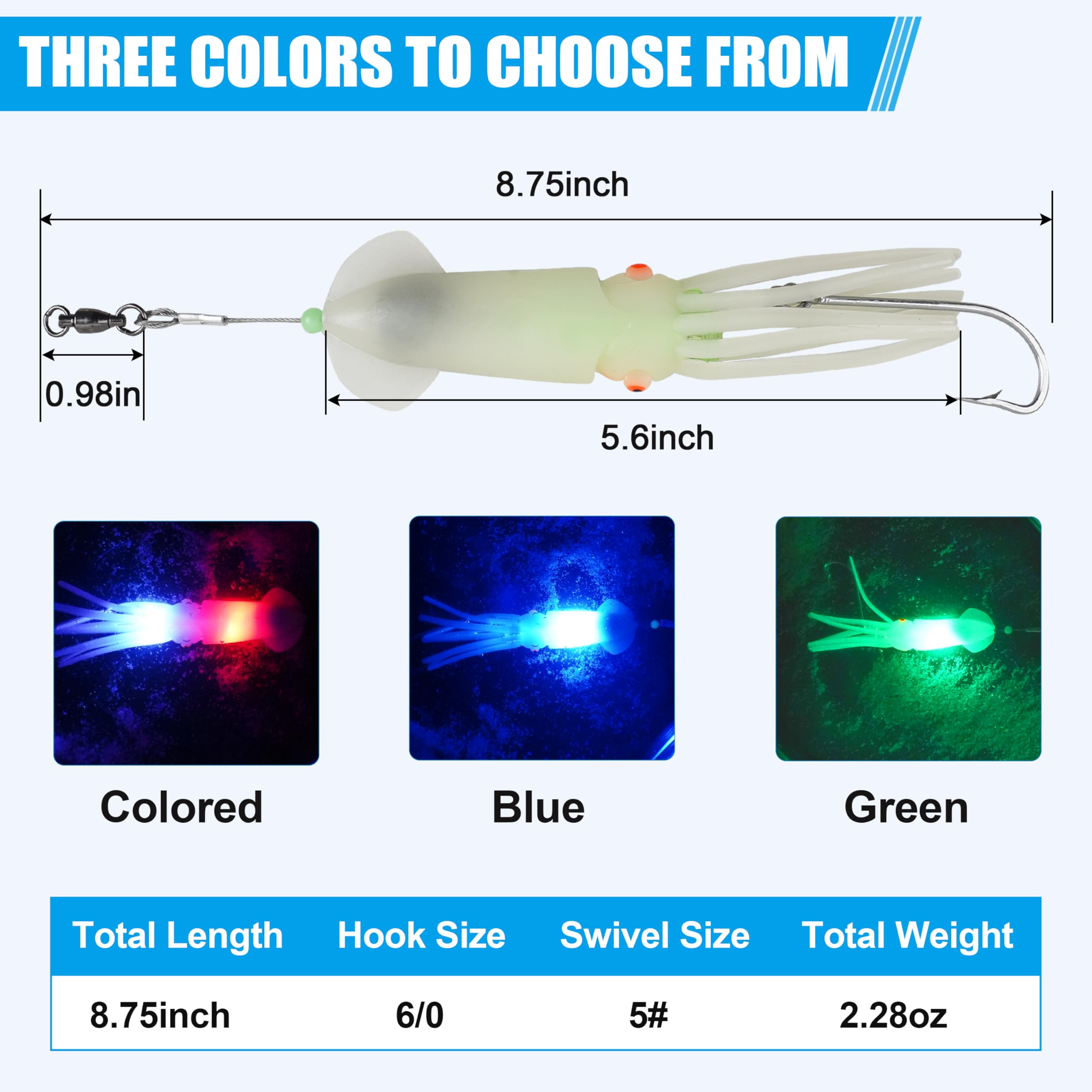Esche da pesca per calamari in acqua salata, esche a LED illuminate per calamari, morbide, per pesca a traina, calamari, luci lampeggianti, per halibut, lingcod, sgombro, tonno striper