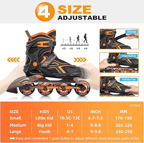 Miniatura 5 de 2PM Sports - Patines de ruedas en línea ajustables para niños y niñas color naranja rojo verde y negro divertidos patines para principiantes para