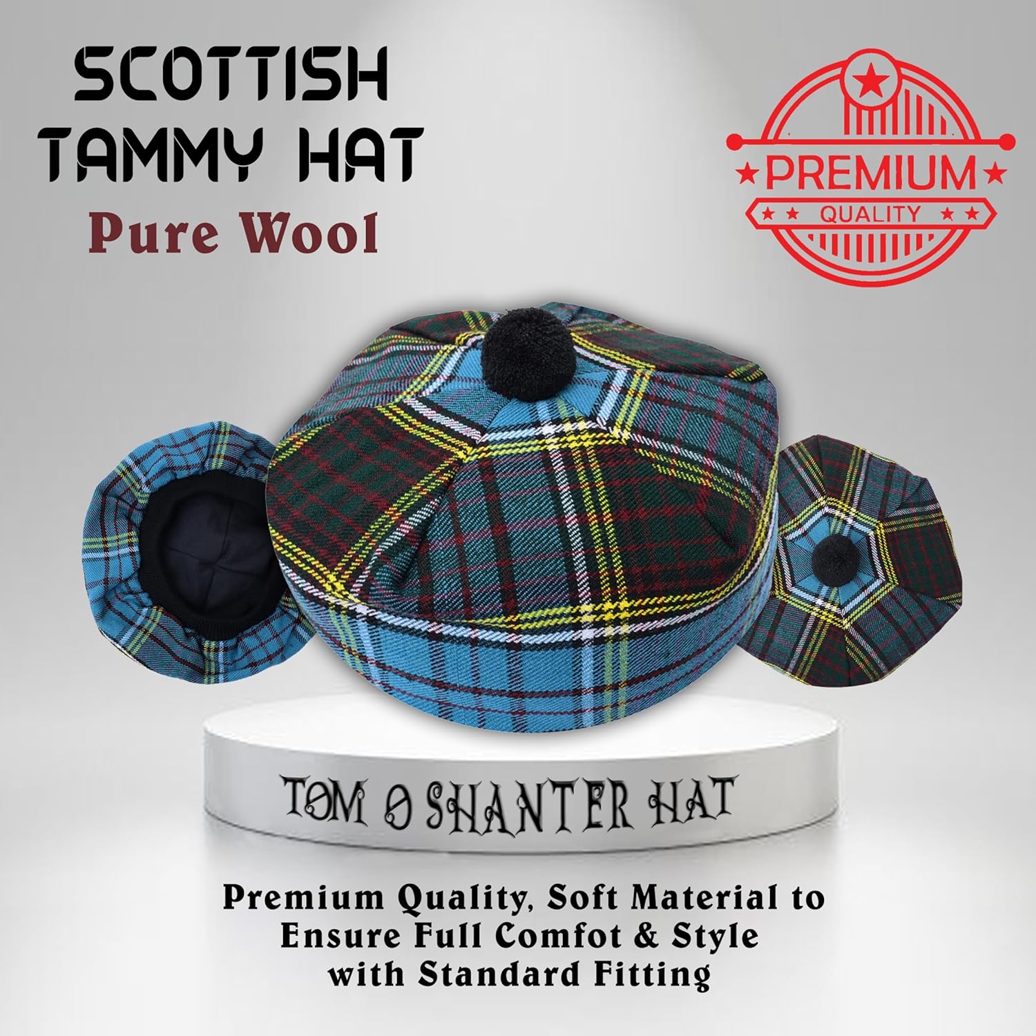 Traditional Scottish Tam O’ Shanter Cap – Wool Tartan Bonnet with Pom Pom - Image 2