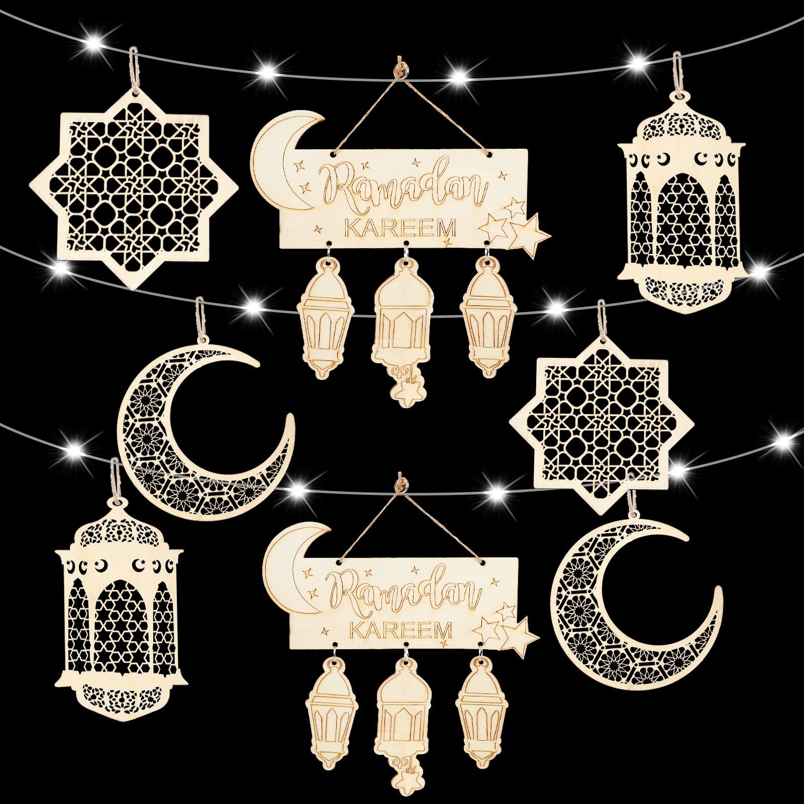 8 Pieces Ramadan Decorations Ramadan Ornament Wooden Lantern Baubles Hanging Plaque Sign Ornament with Warm White 5M 50LED Battery Operated Fairy String Lights Ramadan Decoration for Home Party Decor