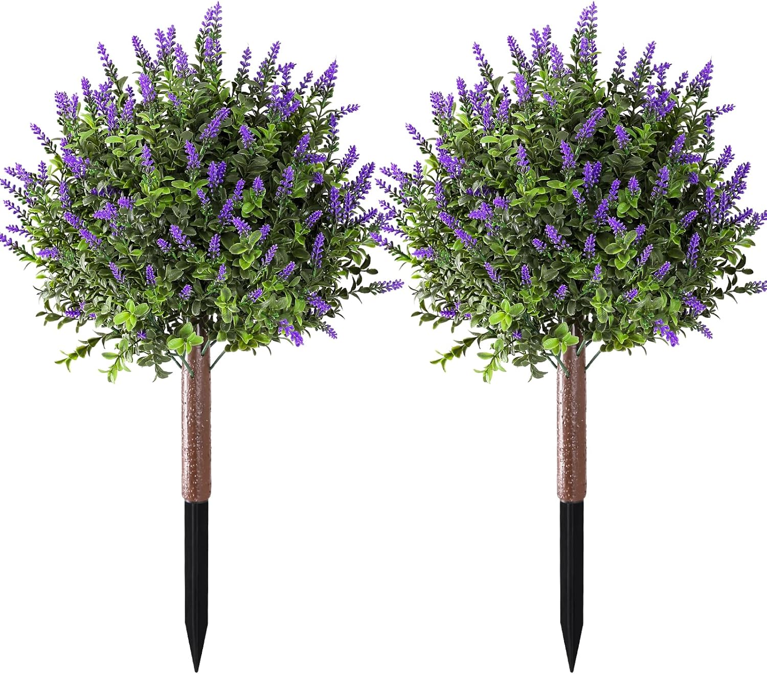 23.6" Artificial Lavender with Boxwood Topiary Ball, 2 Pack UV Resistant Artificial Shrubs，with Ground Spikes, Indoor and Outdoor Fake Evergreen Tree for Porch, Garden, Front Door Decoration