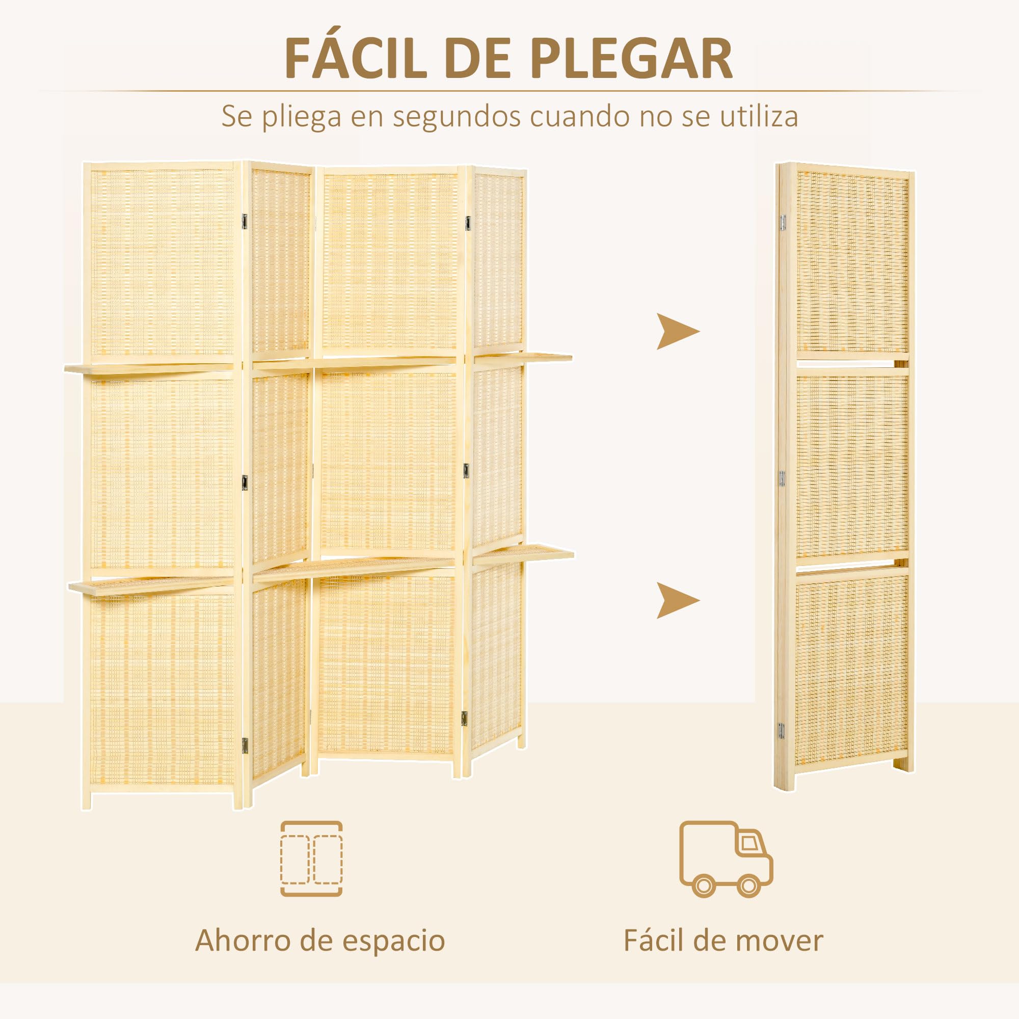 HOMCOM Biombo de 4 Piezas de Bambú Biombo Separador de Ambientes Plegable con 2 Estantes Extraíbles Divisor de Habitaciones Dormitorio 180x180 cm Natural