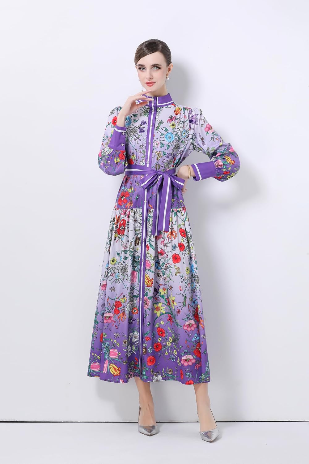 LAI MENG FIVE CATS Women's Vintage Floral Print Long Lantern Sleeve Button Up Loose Fit Party Maxi Dress - Image 4