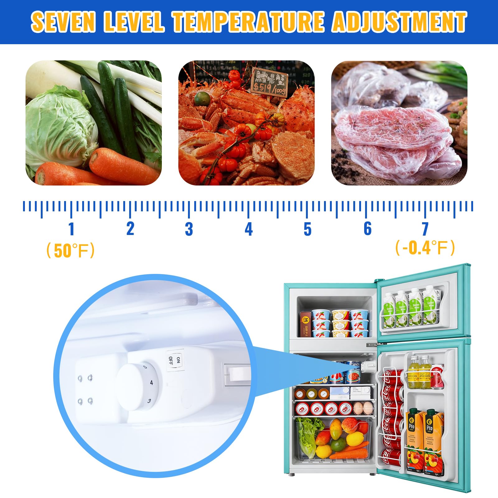 WANAI 3.5 Cu.Ft Mini Fridge With Freezer Compact Refrigerator With Freezer,7 Level Adjustable Thermostat Removable Shelves Small Refrigerator For Office Dorm Apartment Blue on Fridge.com - View 2
