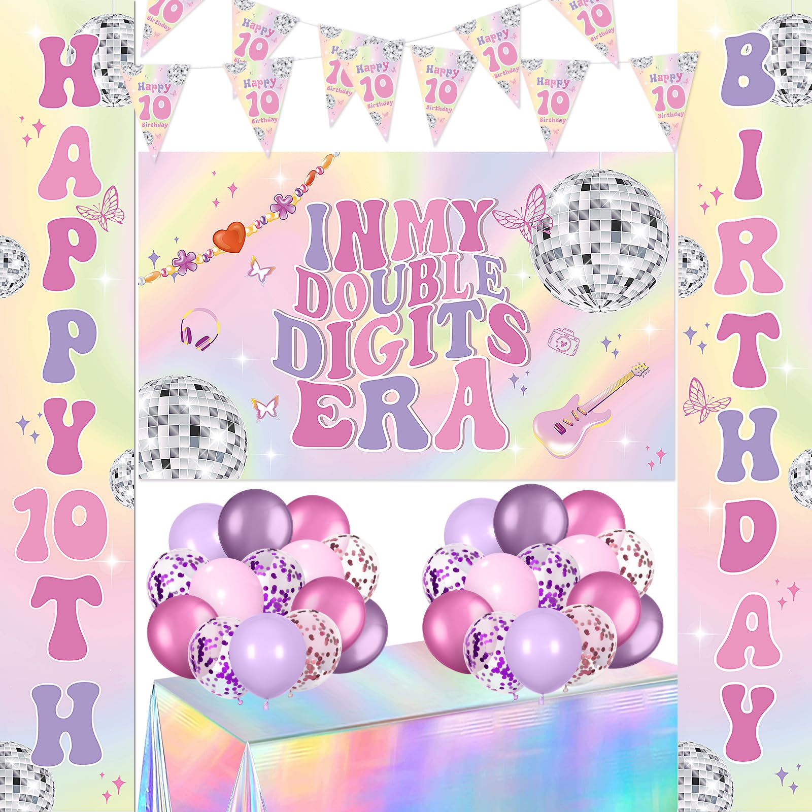 Iridescent Double Digits Party Decor Happy 10th Birthday Decor for Girls Out Single Digits Birthday Banner Backdrop Purple Pink Confetti Balloons