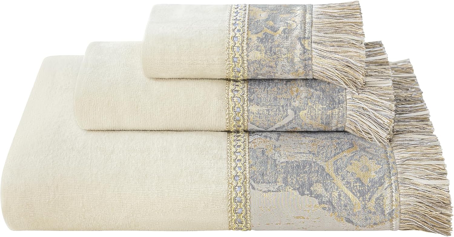 Loom and Mill Luxury Cotton Bath Towel Set 3 Piece-1 Bath Towel 1 Hand Towel 1 Wash Cloth, Ultra Soft Decorative Towel Sets Highly Absorbent for Bathroom, Elegant Jacquard Design(Ivory-Beige)