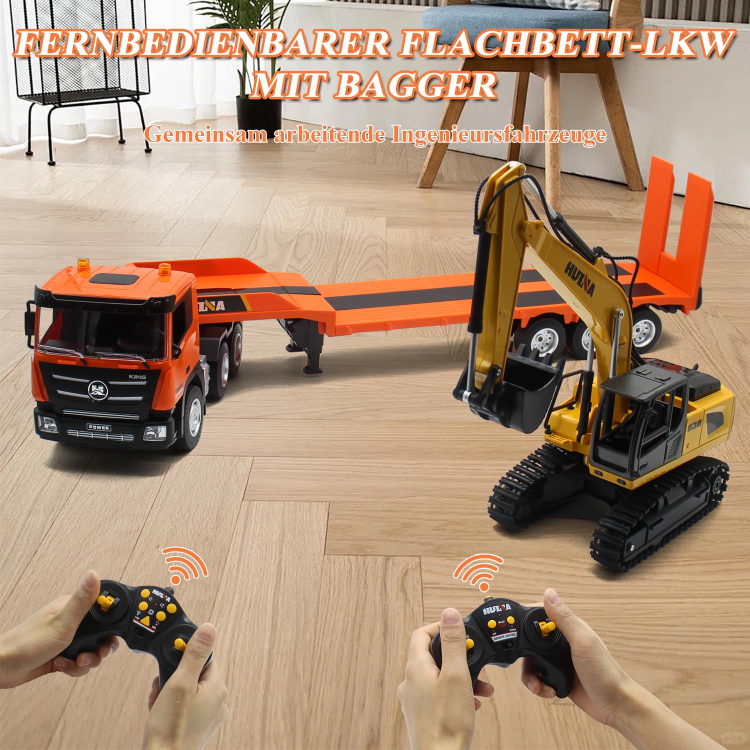 fisca RC Semi Camion et pelleteuse, 2,4 GHz, télécommandé, camion à plateforme et pelleteuse, 1:24, avec son et lumières, convient aux véhicules de construction pour garçons (orange)