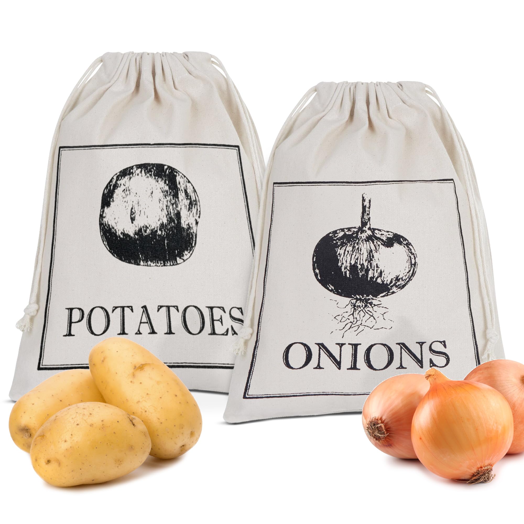Winsome Beige Potato Onion Storage Bags Pack Of 2 | Vegetable & Food Storage Canvas Bags With Drawstring Closure | Potato Bags & Onion Bags For Easy Storage | 16” X 12” Onion Potato Storage