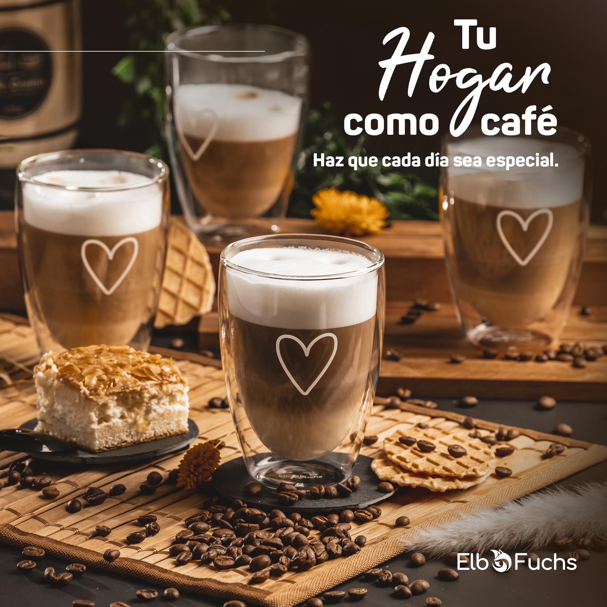 ElbFuchs® Tazas de Café de Cristal [4x350ml] Vasos de Doble Pared | Tazas cafe con leche | Vasos de cristal para Té, Café | Regalo original mujer cumpleaños, amiga, madre, boda para novios