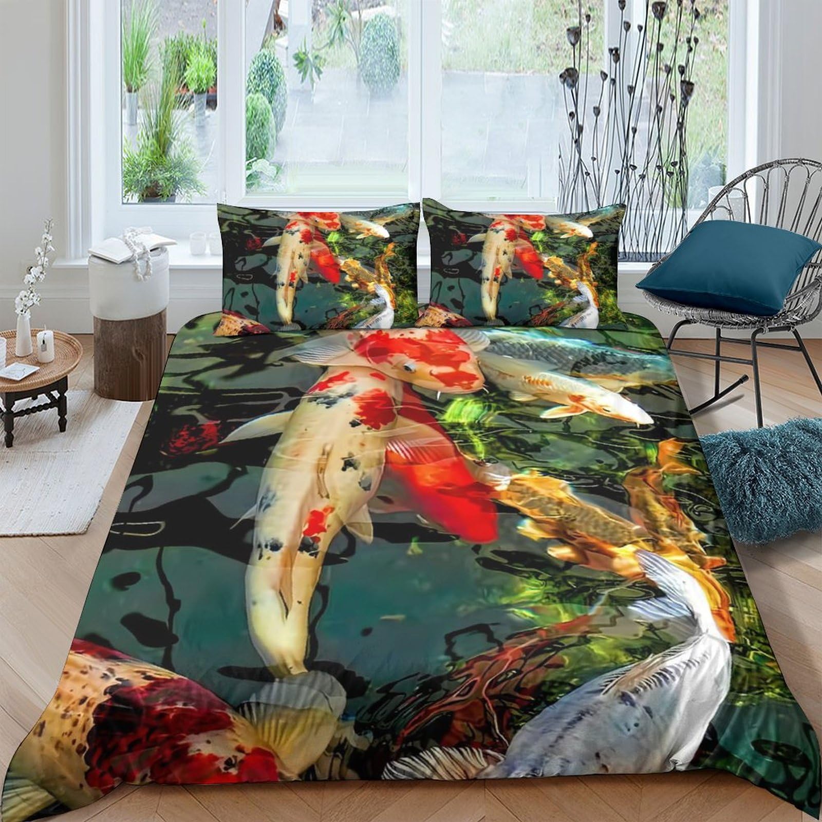 Ctjqhvkz Style-9 3D Printed Koi Fish Pond Fitted Sheet Microfiber Soft Non Slip Japanese Water Garden Mattress Cover For Bedroom Guest Room Decor Single（135X200cm）