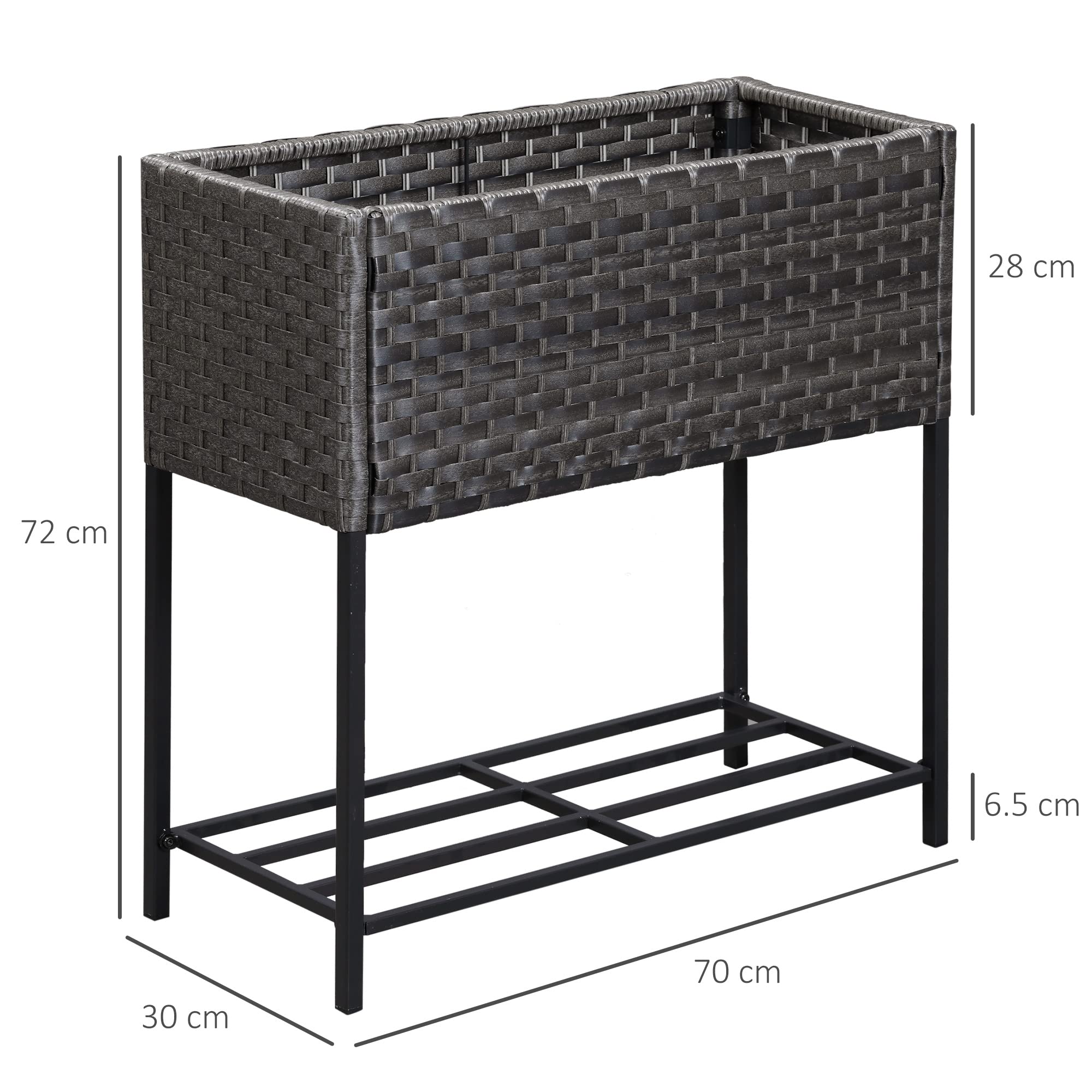 Outsunny Letto per Orto Rialzato, Fioriera Effetto Vimini con Ripiano, Aiuola Rialazata per Esterni e Interni, Grigio (70cm x 30cm x 72cm)