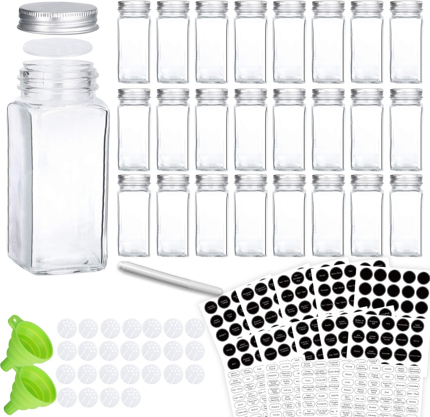 Glass Spice Jars, KAMOTA 25 PCS 4oz Empty Square Spice Bottles with Shaker Lids and Airtight Metal Caps - 662 Spice Labels