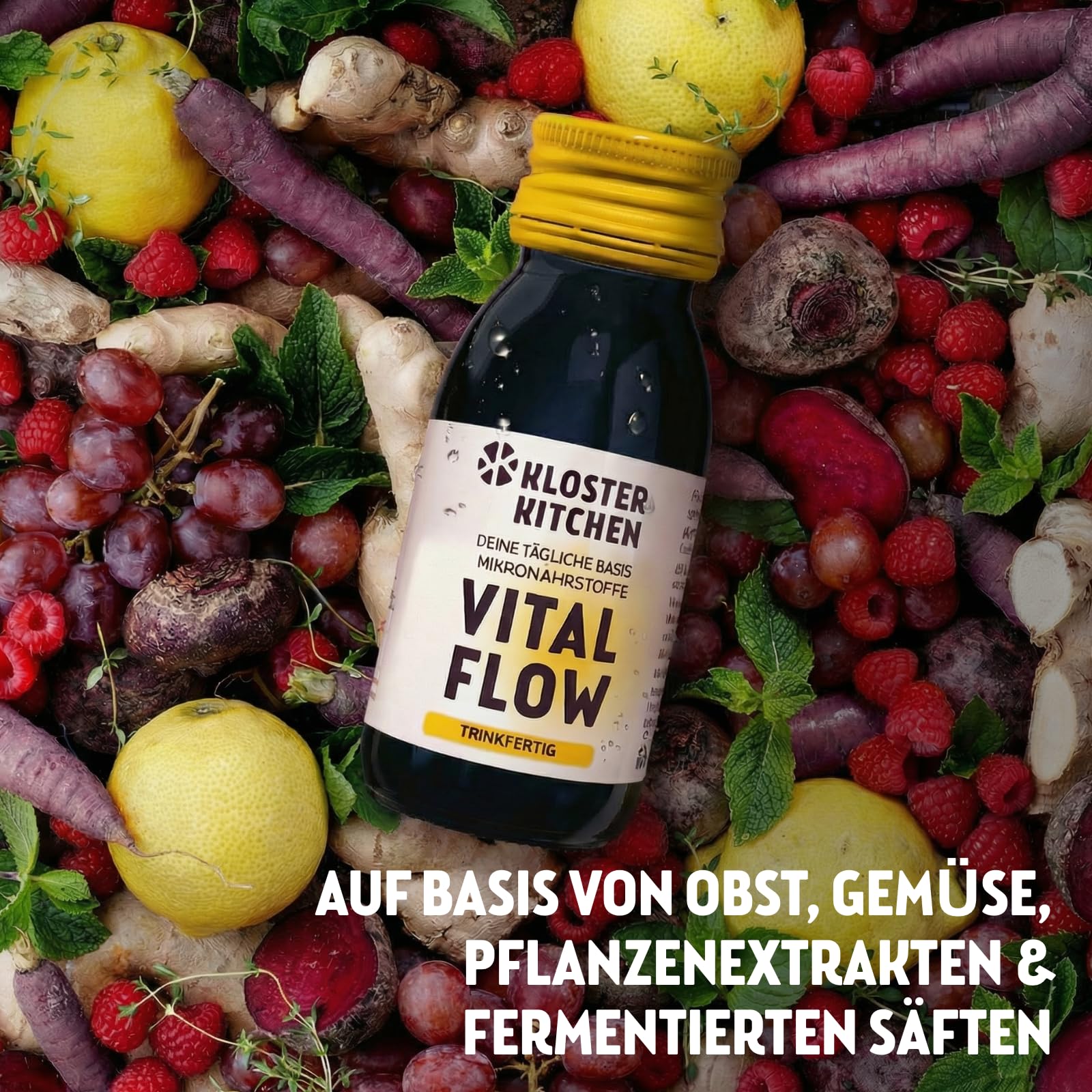 Kloster Kitchen Mikronährstoff Trinkfertig Vital Flow | 30x 60 ml - 74 Zutaten | Obst, Gemüse & Kräuter - Vitamine, Mineralstoffe & Spurenelemente | Mikronährstoffe Saft Flüssig Vegan