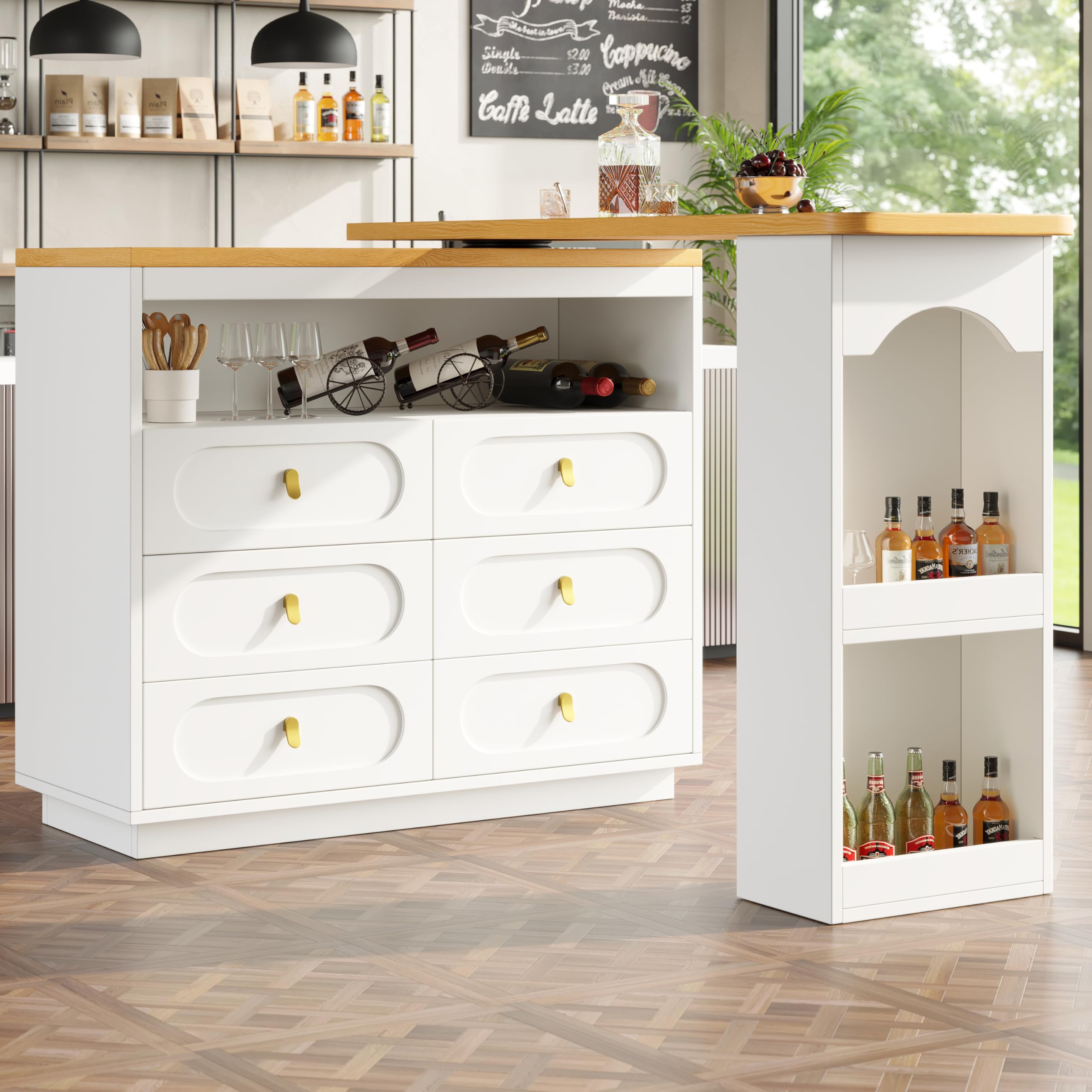 Merax Bar Table 360° Rotating Extendable Kitchen Island with Storage,137–203cm, Coffee Bar Furniture with Spice Rack, 6 Drawers & Open Storage, White Wood Grain Dining Bar Cabinet — image 1