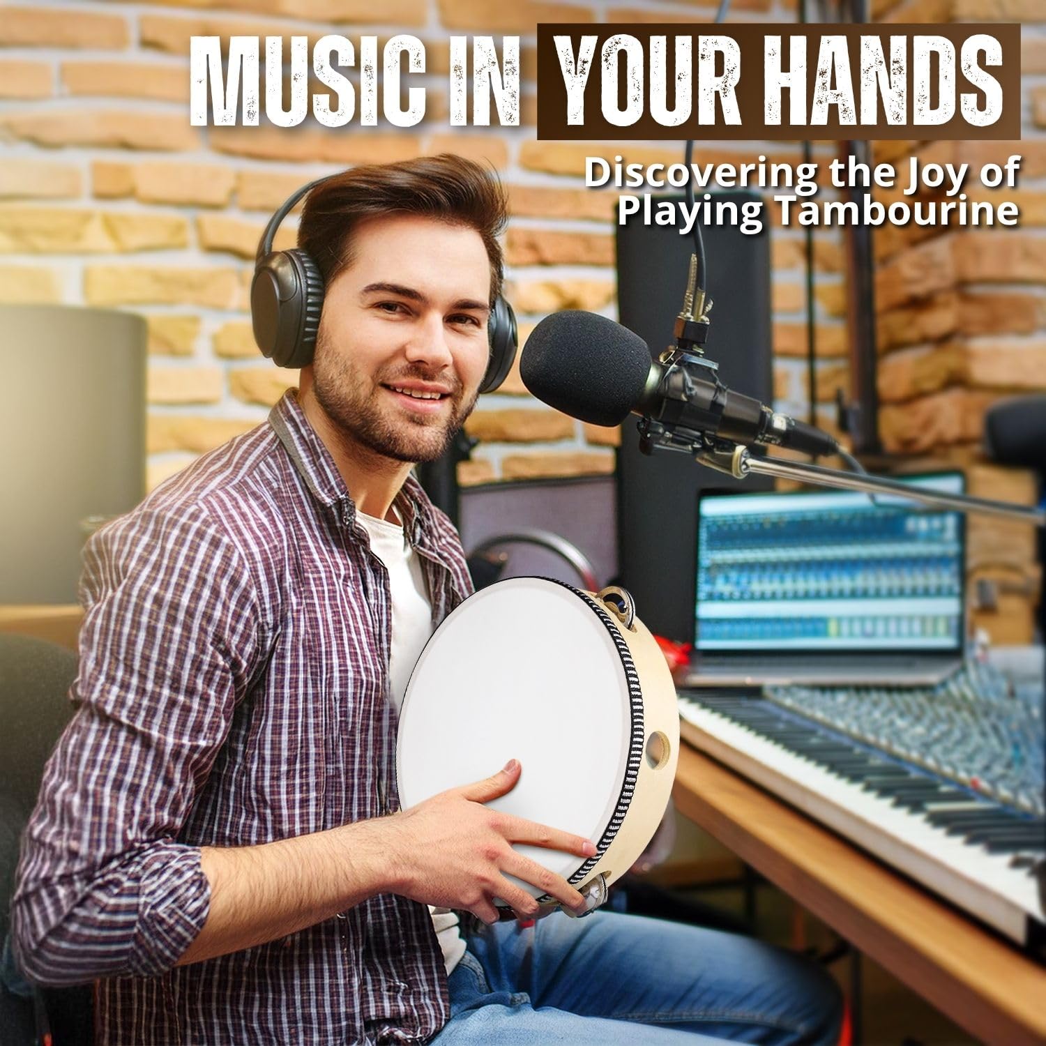 Flexzion Tamburin, Handtrommel mit Handgriff - 2er-Pack, 20cm Schellenkranz in Mond-Form aus Holz, Musik Schlaginstrument, 1-reihige Schellenring mit 5 Paar Metall Schellen, Schlagzeug, Beige