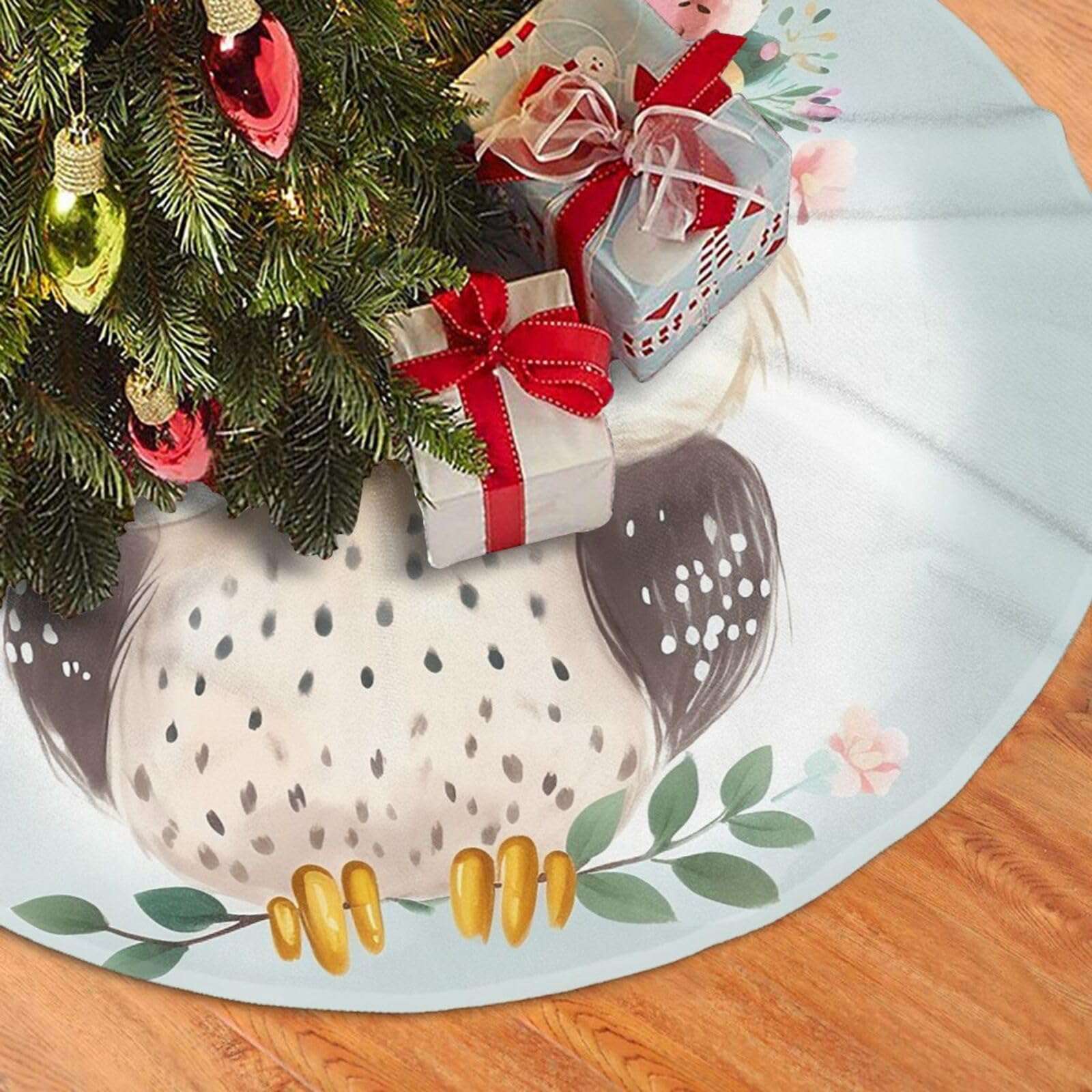 Fodpand Black Cute Owl With Flowers Christmas Tree Skirt 48" Velvet Xmas Tree Skirt Mat Rustic Christmas Tree Mat Cover Winter Xmas Tree Collar For Indoor Outdoor Christmas Decorations